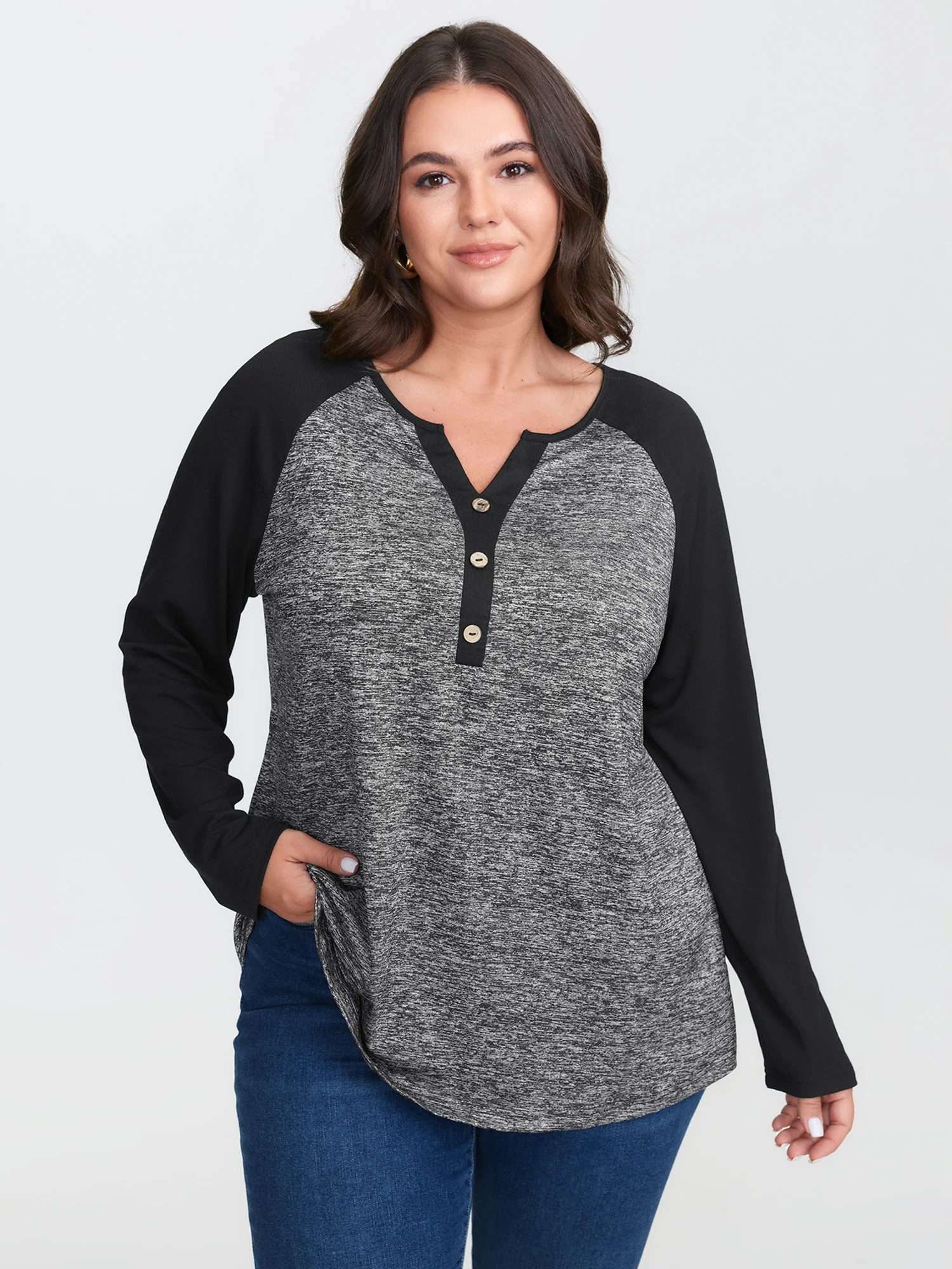 Heather Patchwork Button Detail Stretchy T-Shirt - Image 8