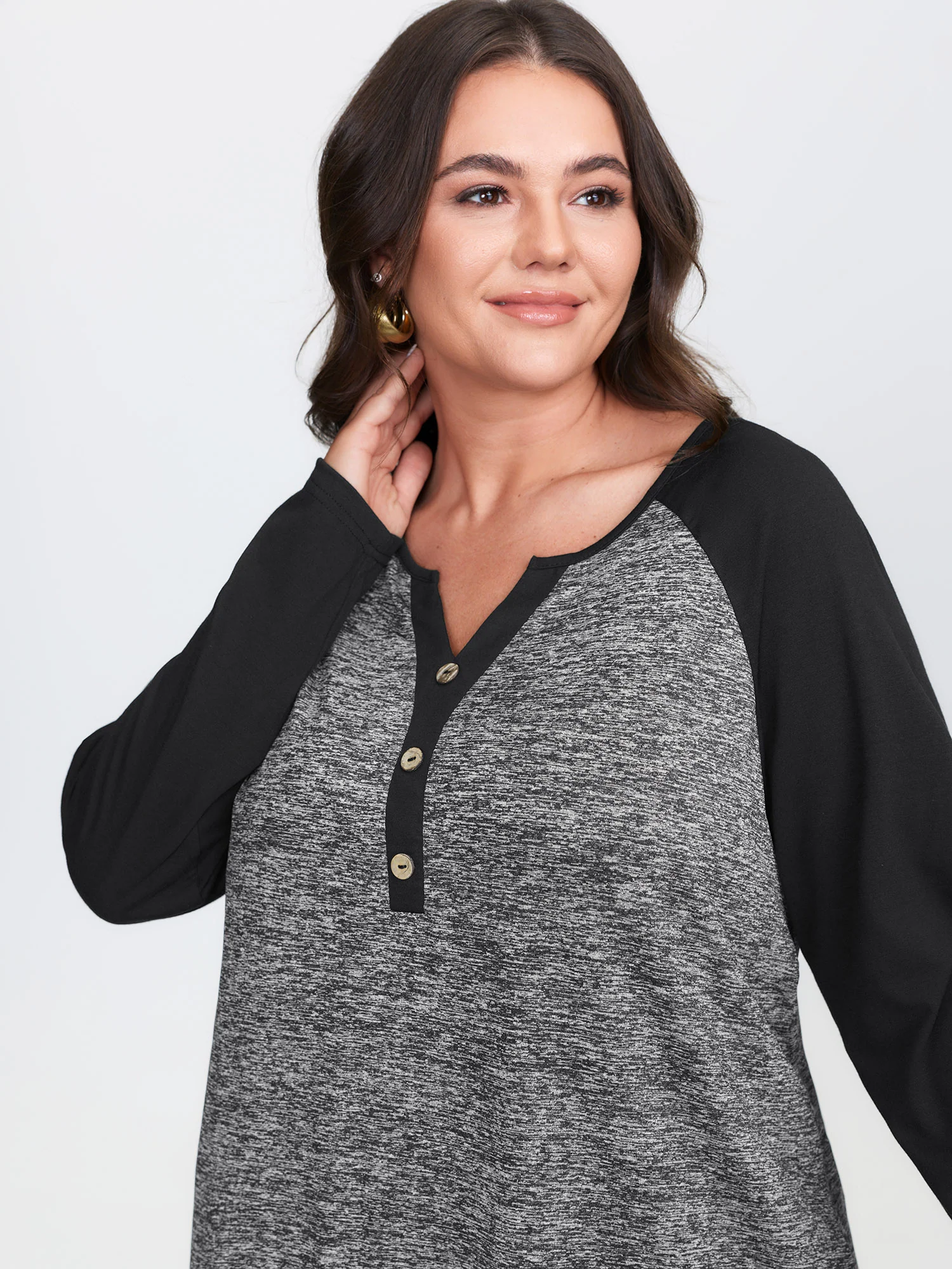 Heather Patchwork Button Detail Stretchy T-Shirt - Image 9