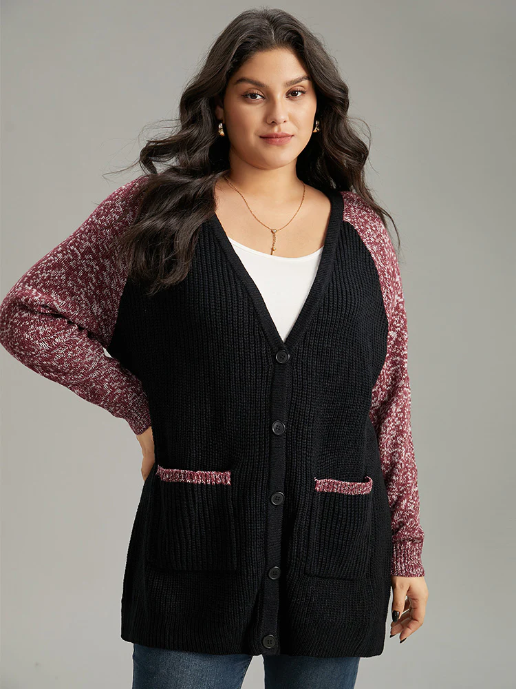 Heather Patchwork Raglan Sleeve Pocket Cardigan - Image 3