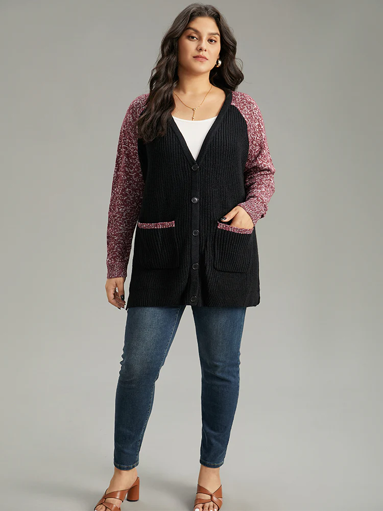 Heather Patchwork Raglan Sleeve Pocket Cardigan - Image 4