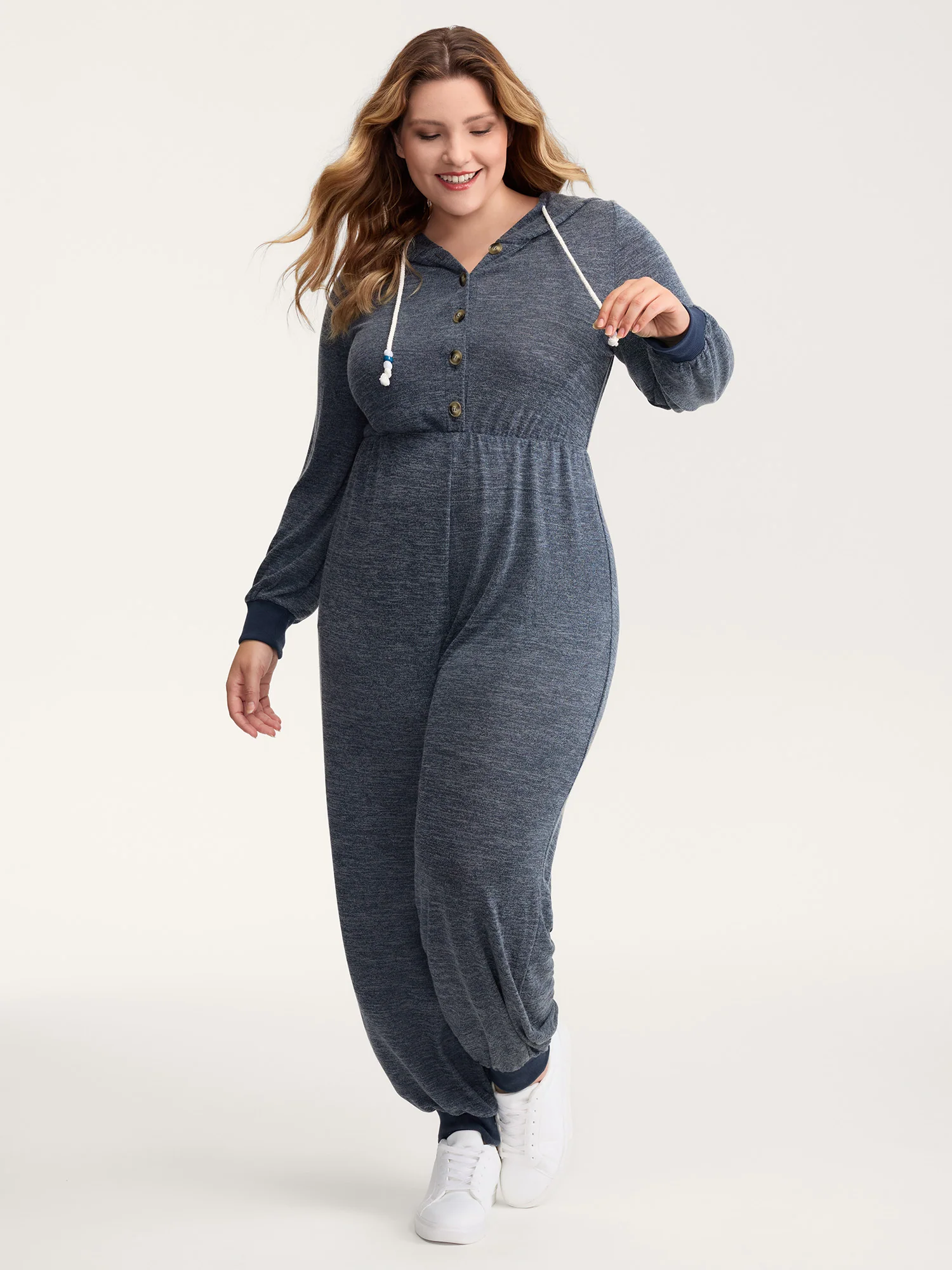 Heather Placket Pockets Ribbed Cuffs Jumpsuit - Image 2