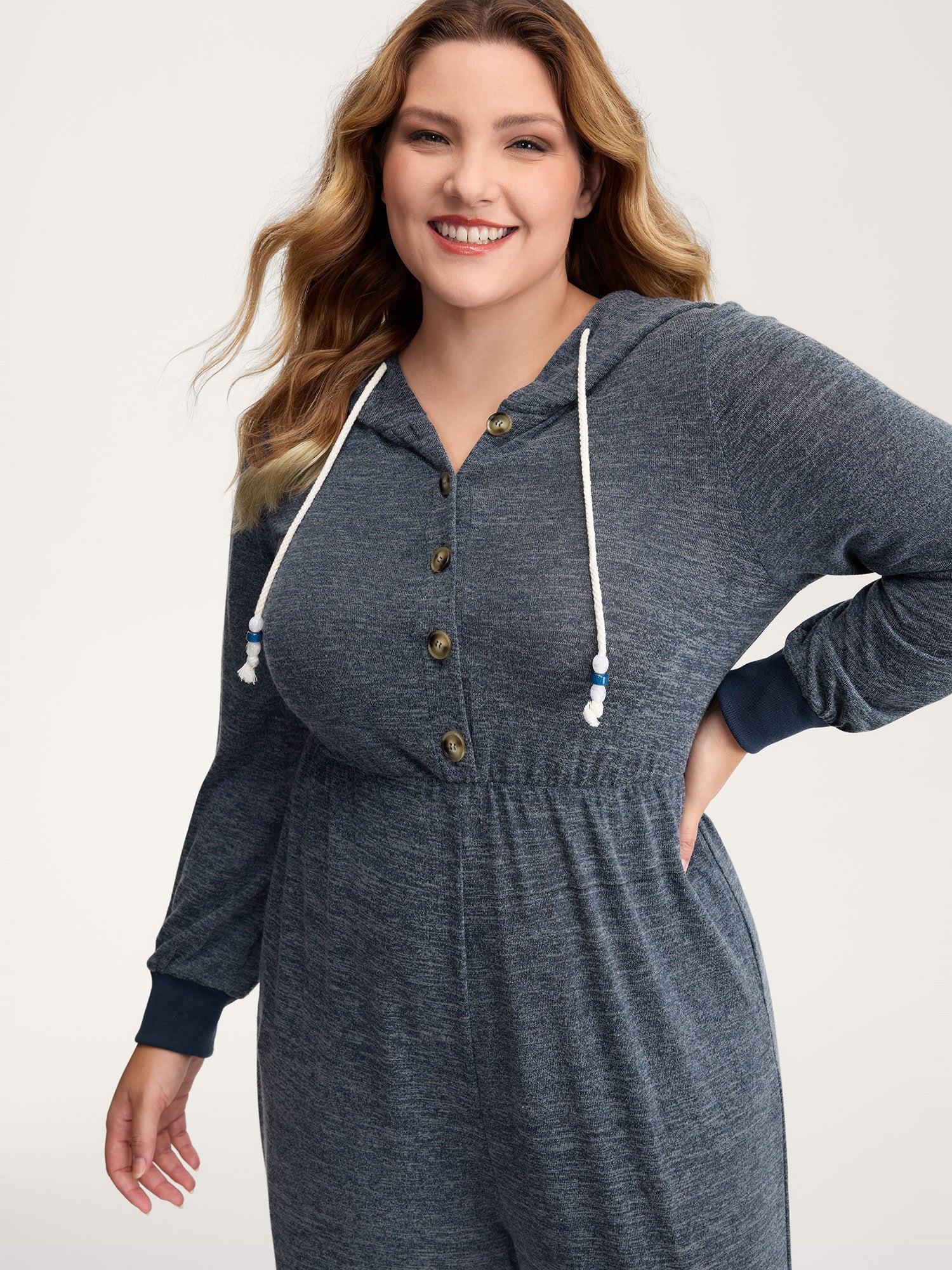 Heather Placket Pockets Ribbed Cuffs Jumpsuit - Image 3