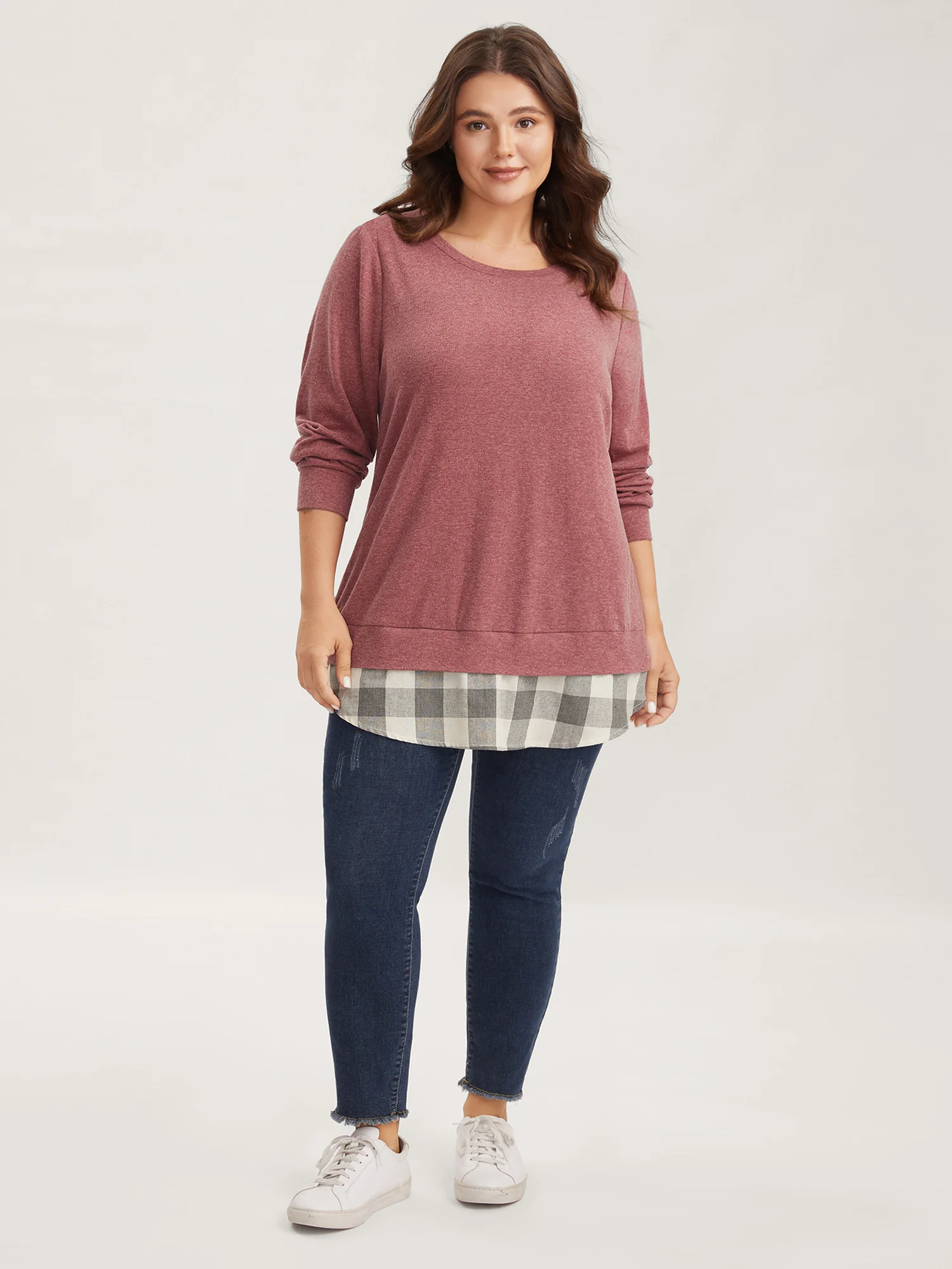Heather Plaid Patchwork Crew Neck T-shirt - Image 10