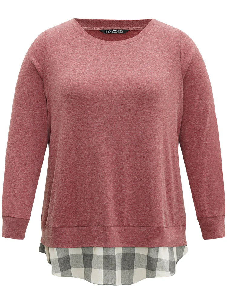 Heather Plaid Patchwork Crew Neck T-shirt - Image 13