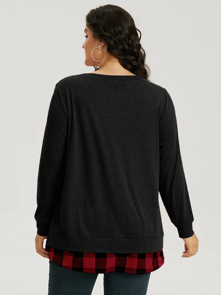 Heather Plaid Patchwork Crew Neck T-shirt - Image 2