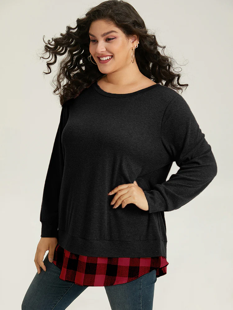 Heather Plaid Patchwork Crew Neck T-shirt - Image 3