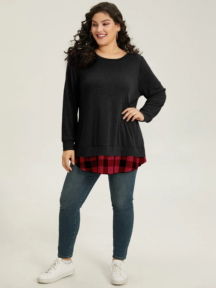 Heather Plaid Patchwork Crew Neck T-shirt - Image 4