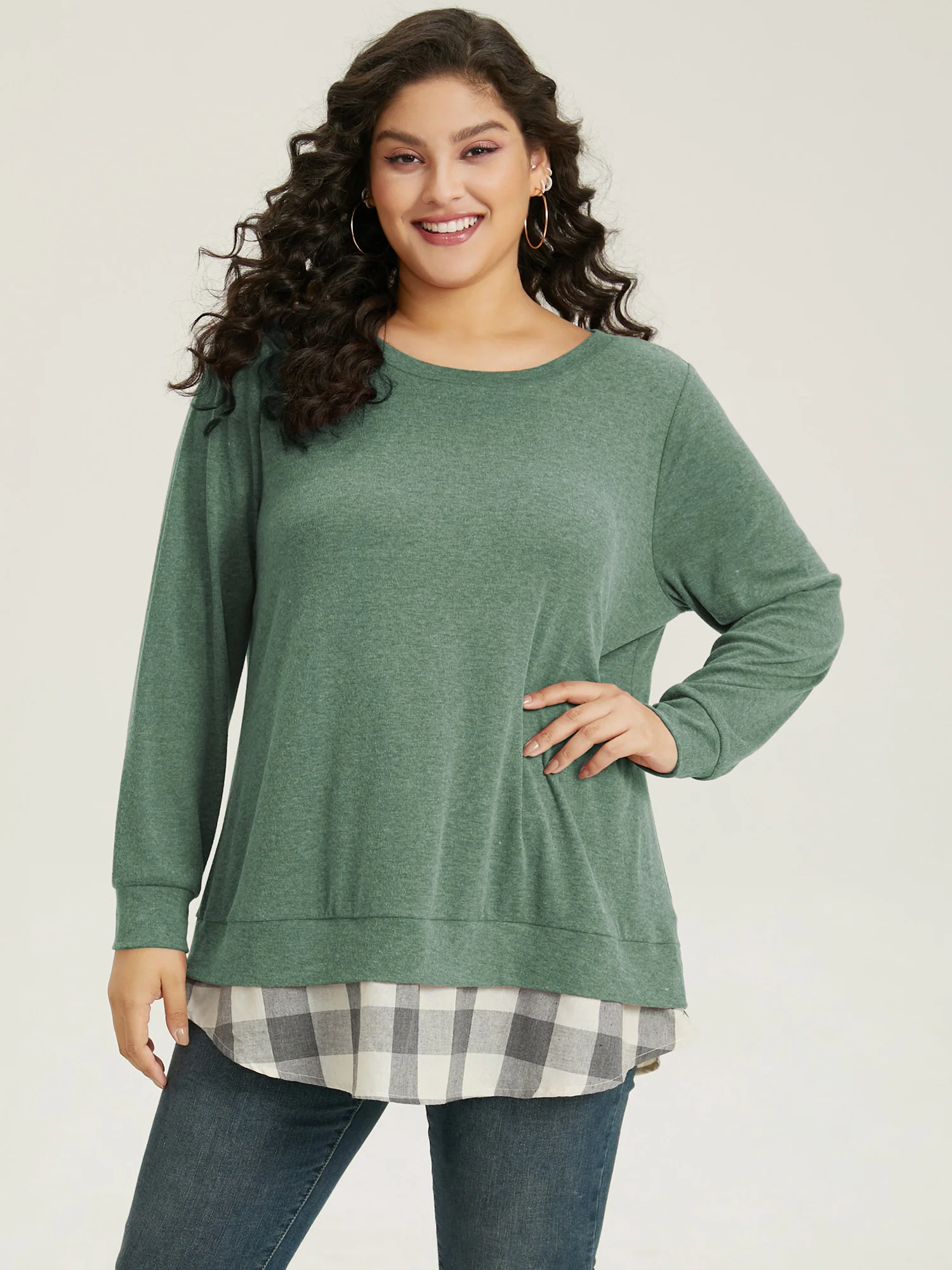 Heather Plaid Patchwork Crew Neck T-shirt - Image 5