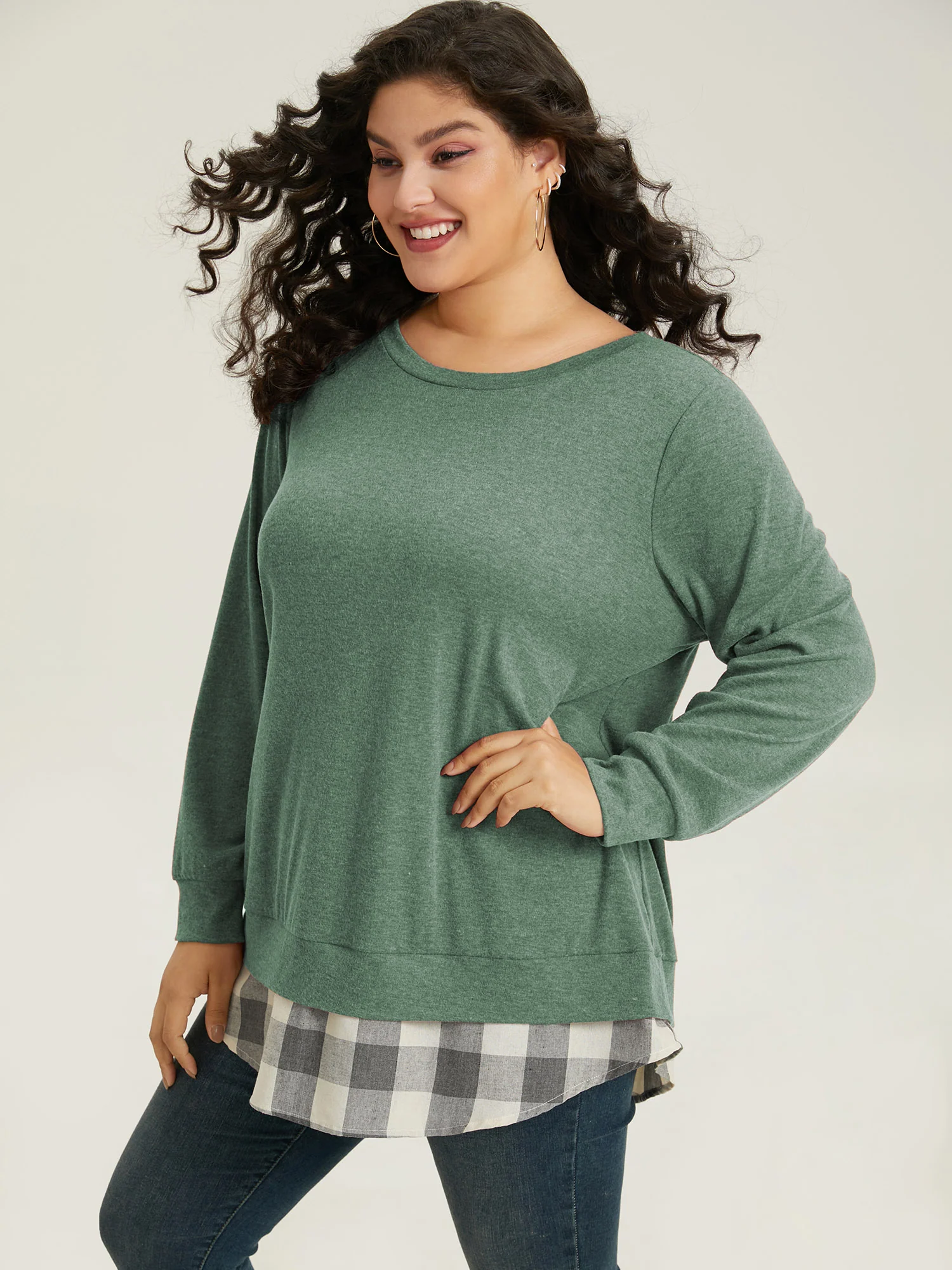 Heather Plaid Patchwork Crew Neck T-shirt - Image 7
