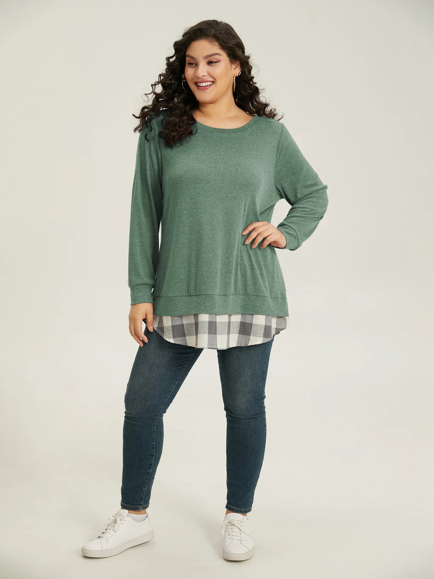 Heather Plaid Patchwork Crew Neck T-shirt - Image 8