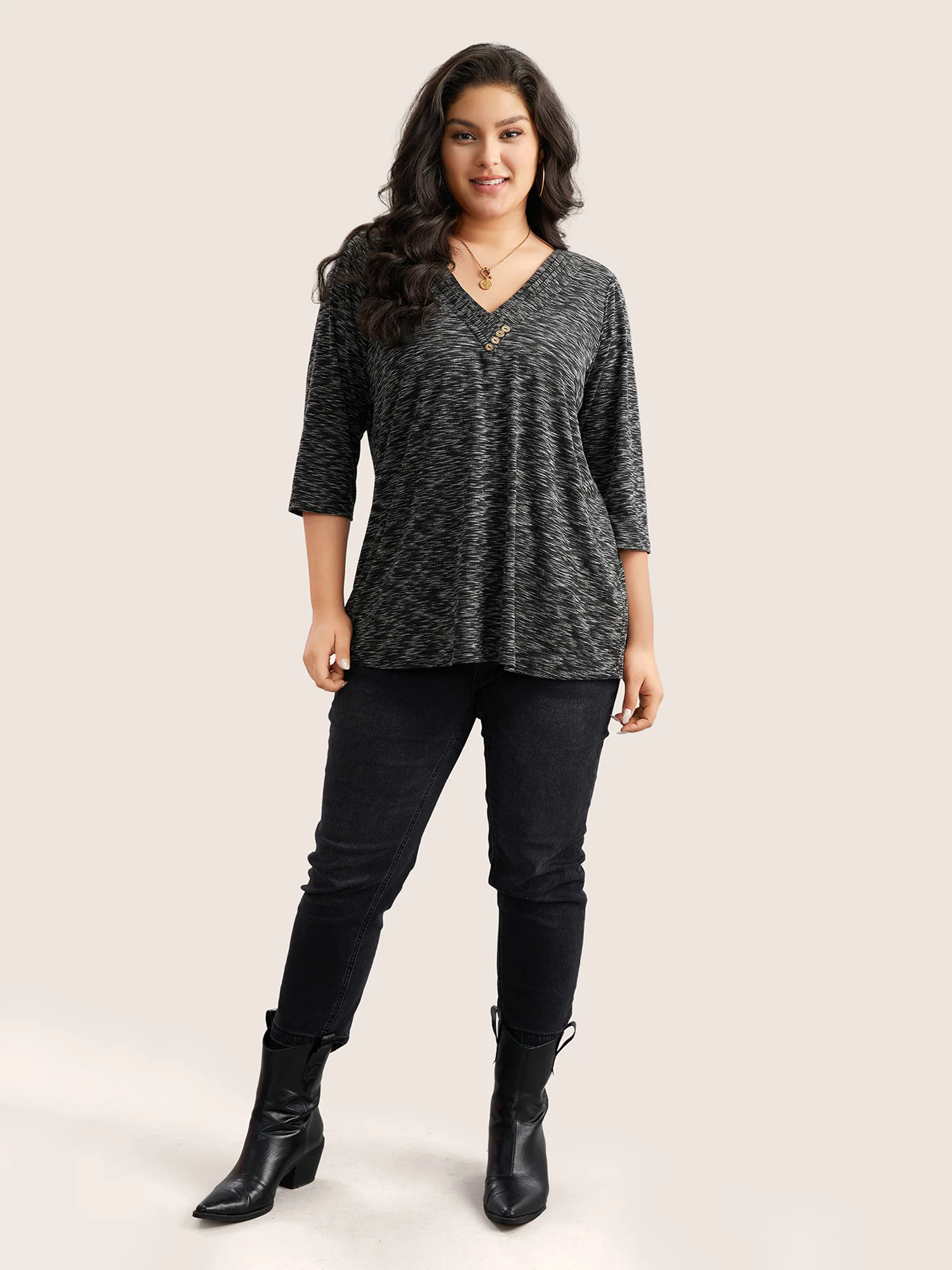 Heather Pleated Button Detail T-shirt - Image 2