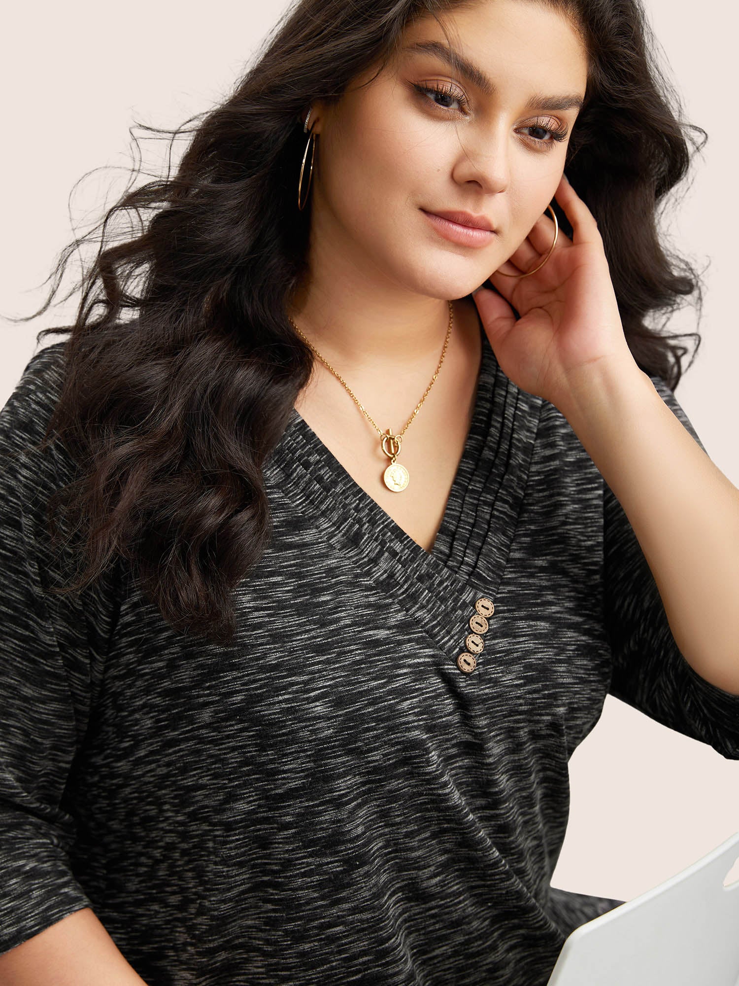 Heather Pleated Button Detail T-shirt - Image 3
