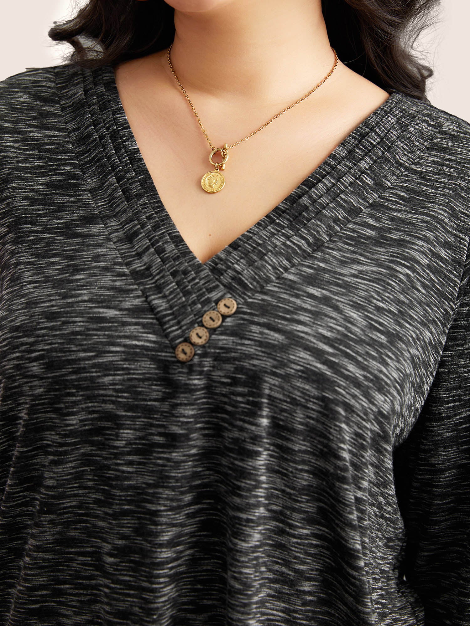 Heather Pleated Button Detail T-shirt - Image 4