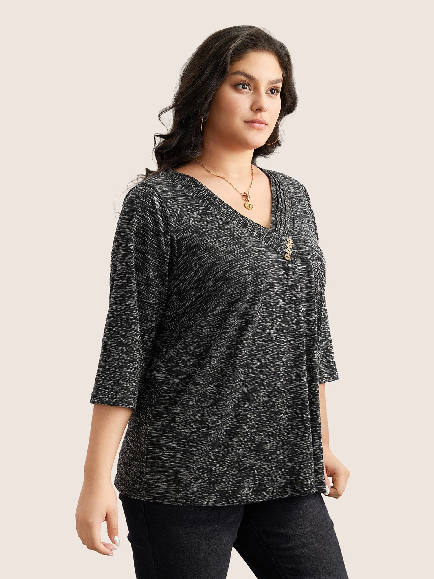 Heather Pleated Button Detail T-shirt - Image 6