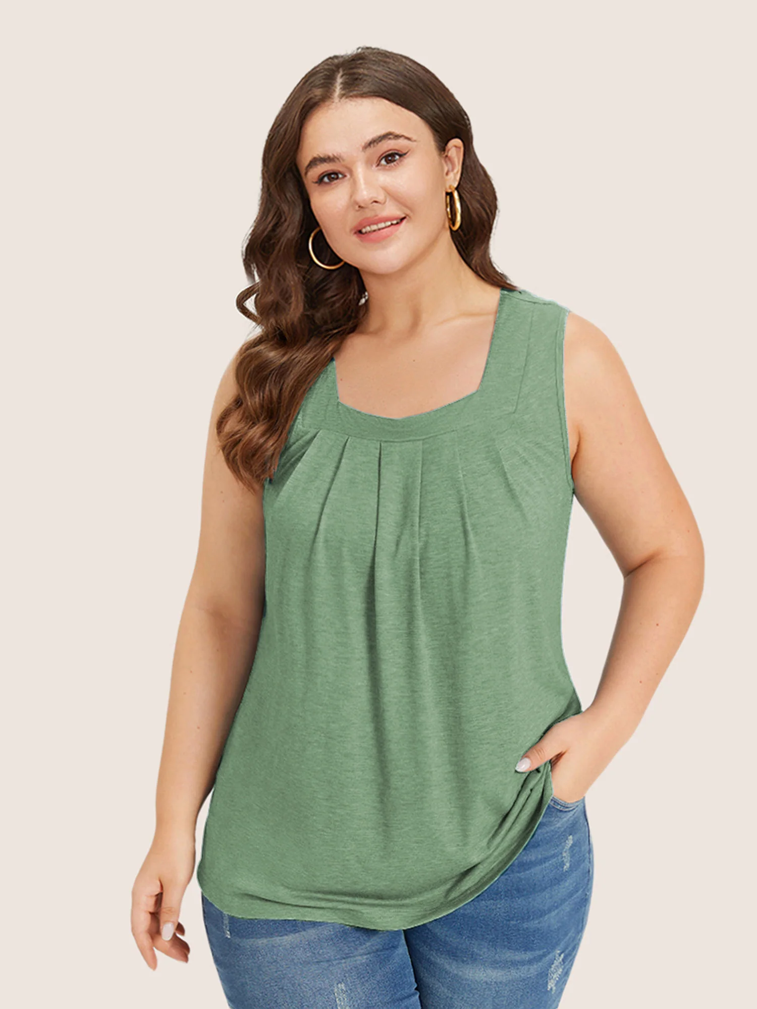 Heather Plicated Detail Square Neck Tank Top - Image 19