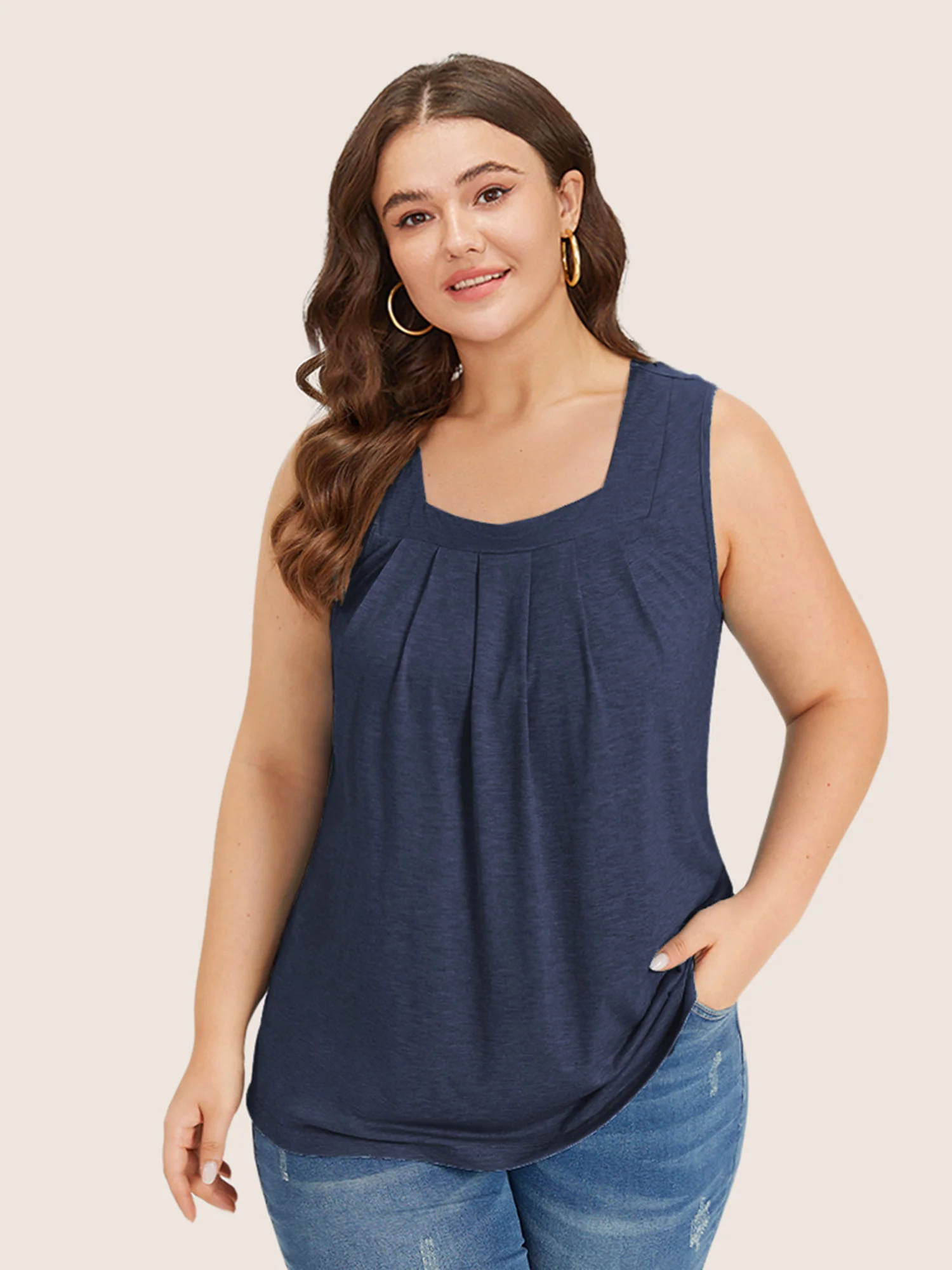 Heather Plicated Detail Square Neck Tank Top - Image 36