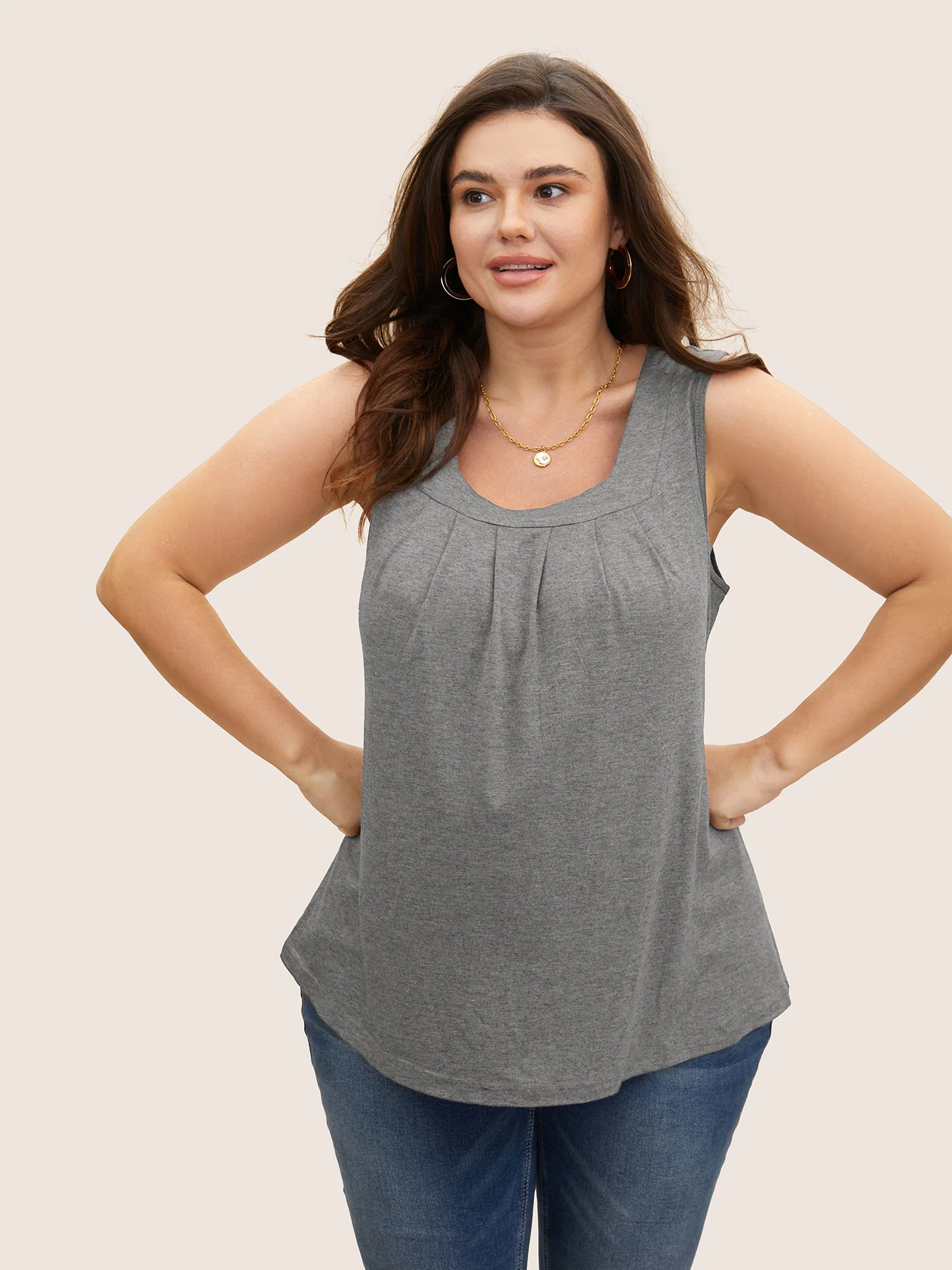 Heather Plicated Detail Square Neck Tank Top - Image 42