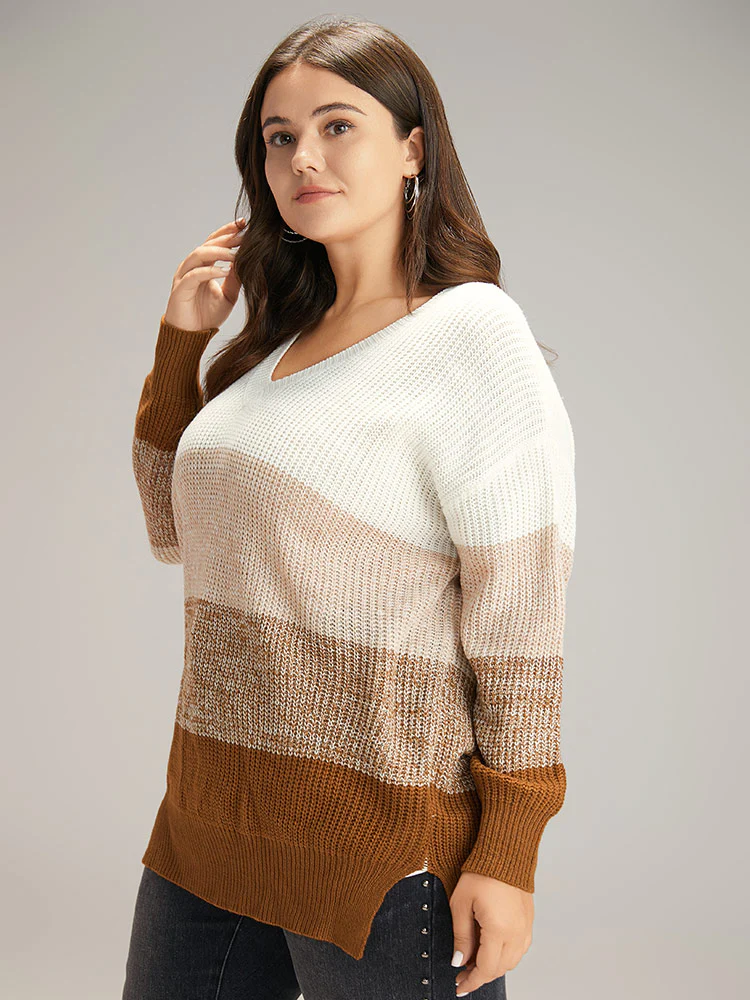 Heather Split Side Contrast V Neck Pullover - Image 4