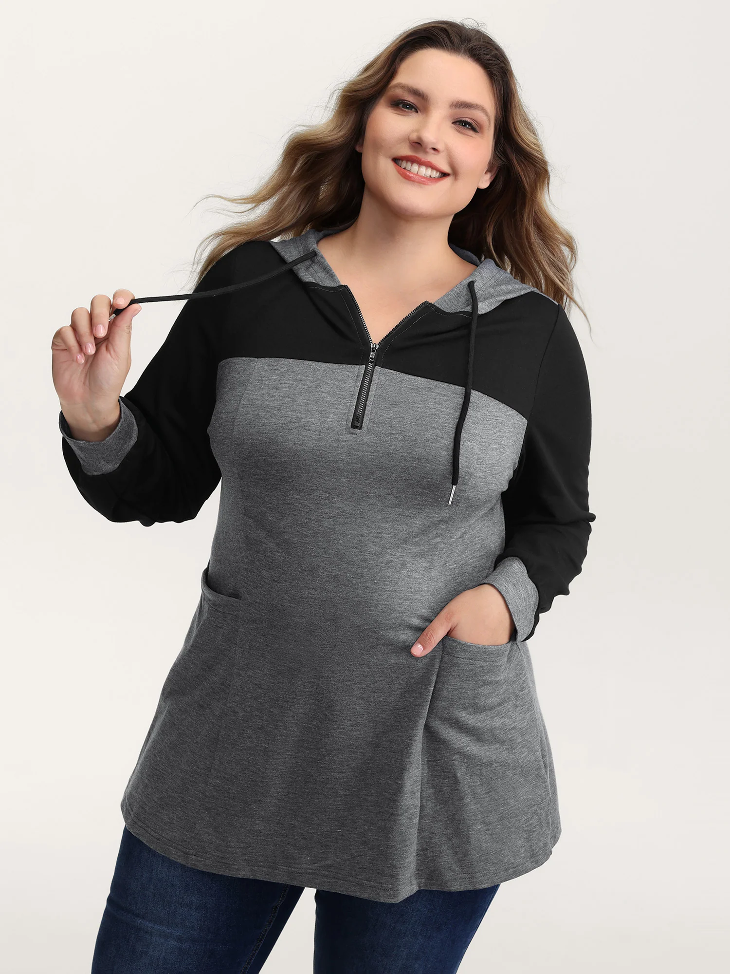 Heather Stretchy Colorblock Long Hoodie - Image 2