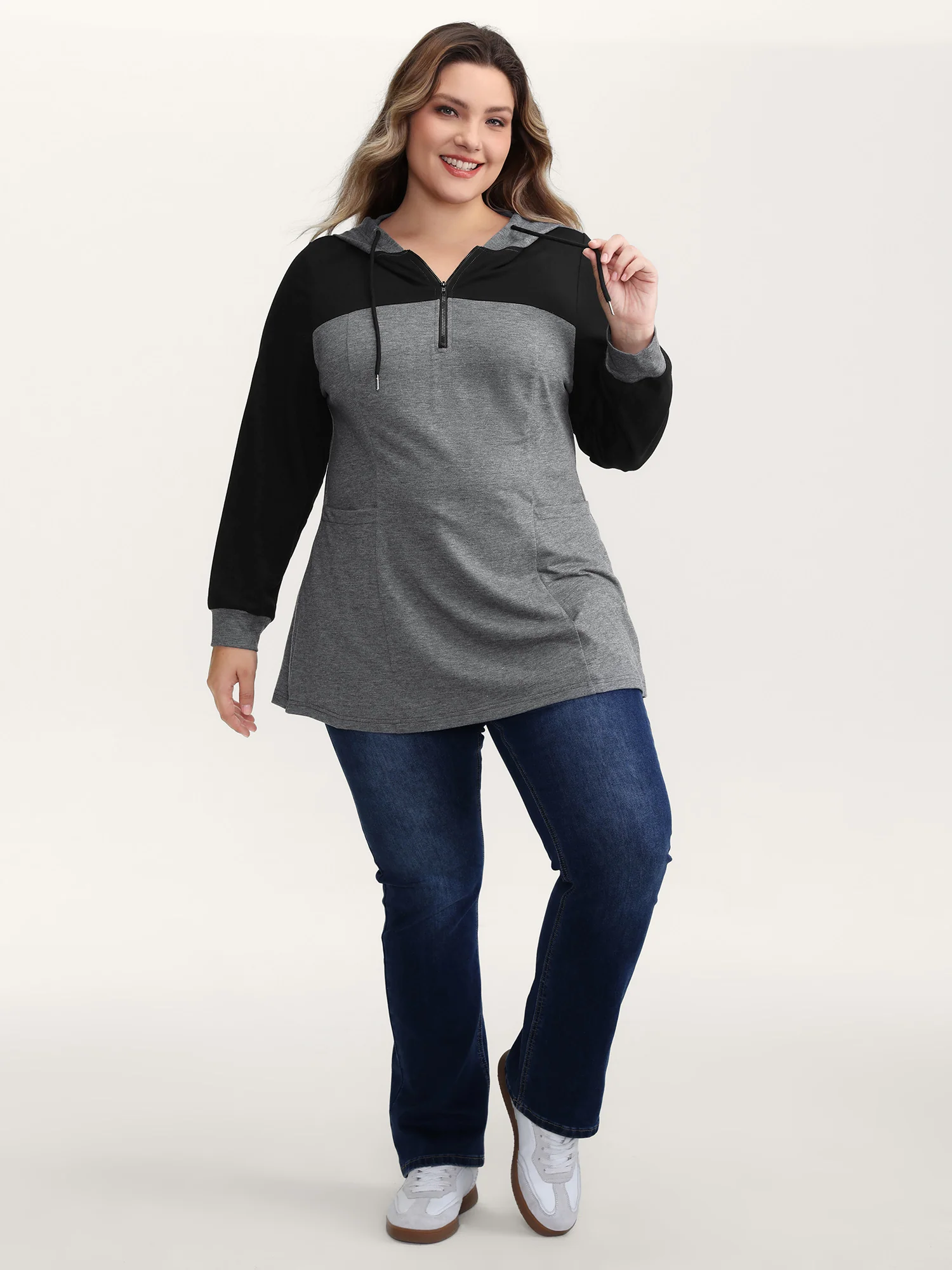 Heather Stretchy Colorblock Long Hoodie - Image 3