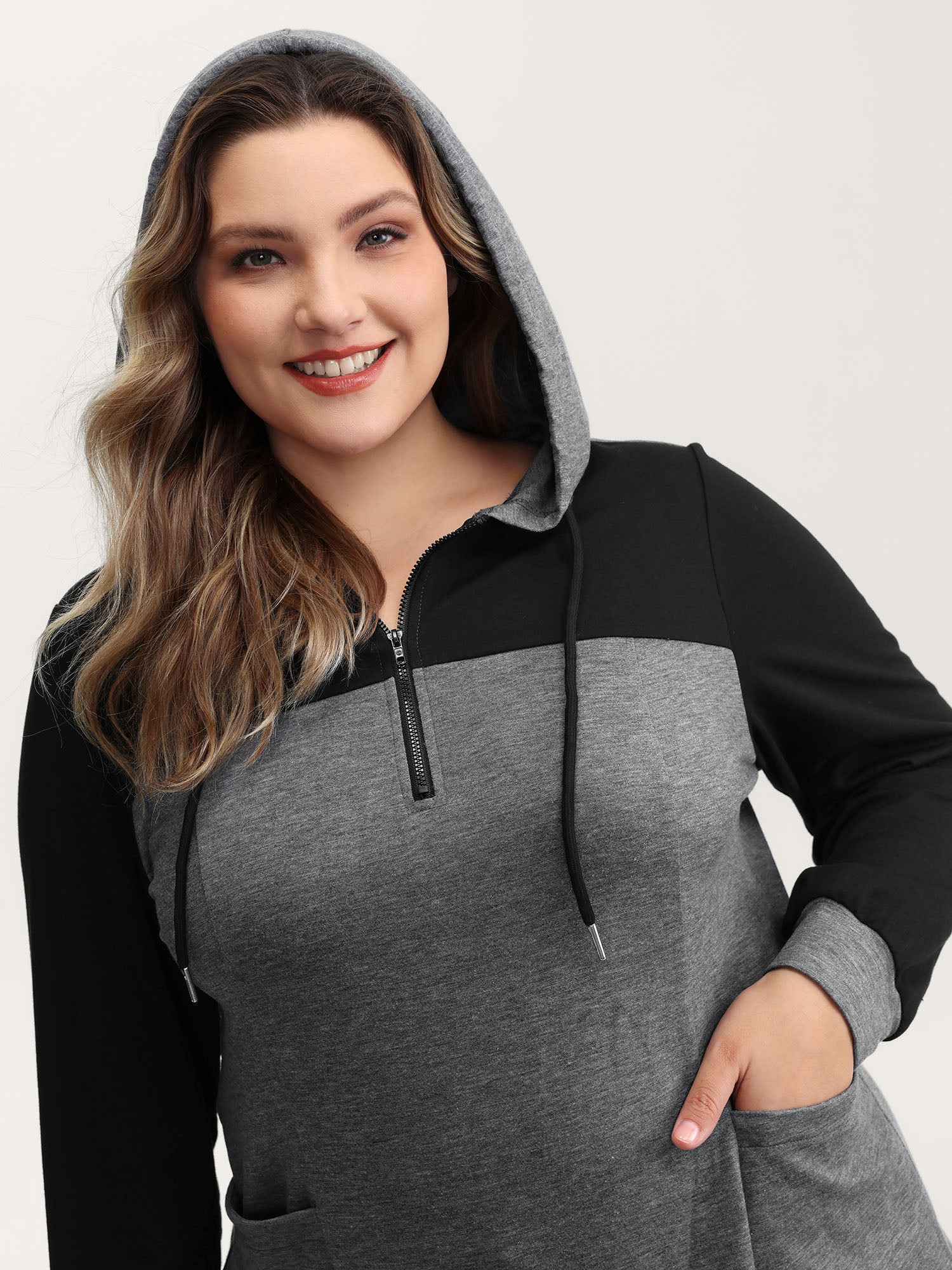 Heather Stretchy Colorblock Long Hoodie - Image 4