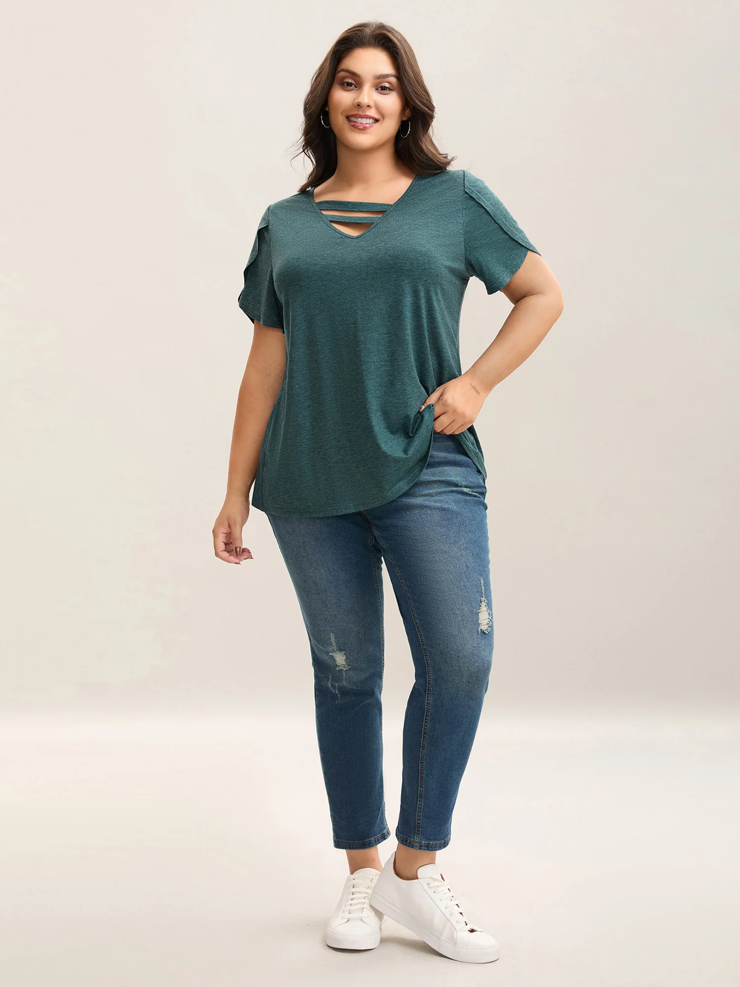 Heather Stretchy Neck Cut-Out T-Shirt - Image 3