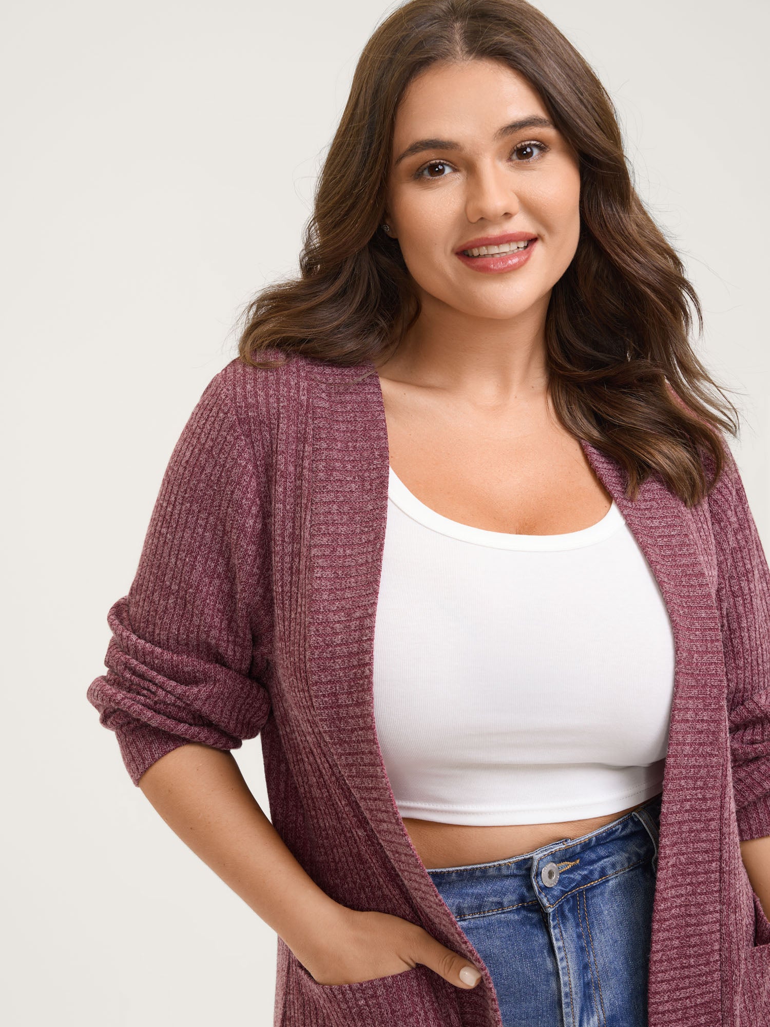 Heather Stretchy Textured Pockets Cardigan - Image 2