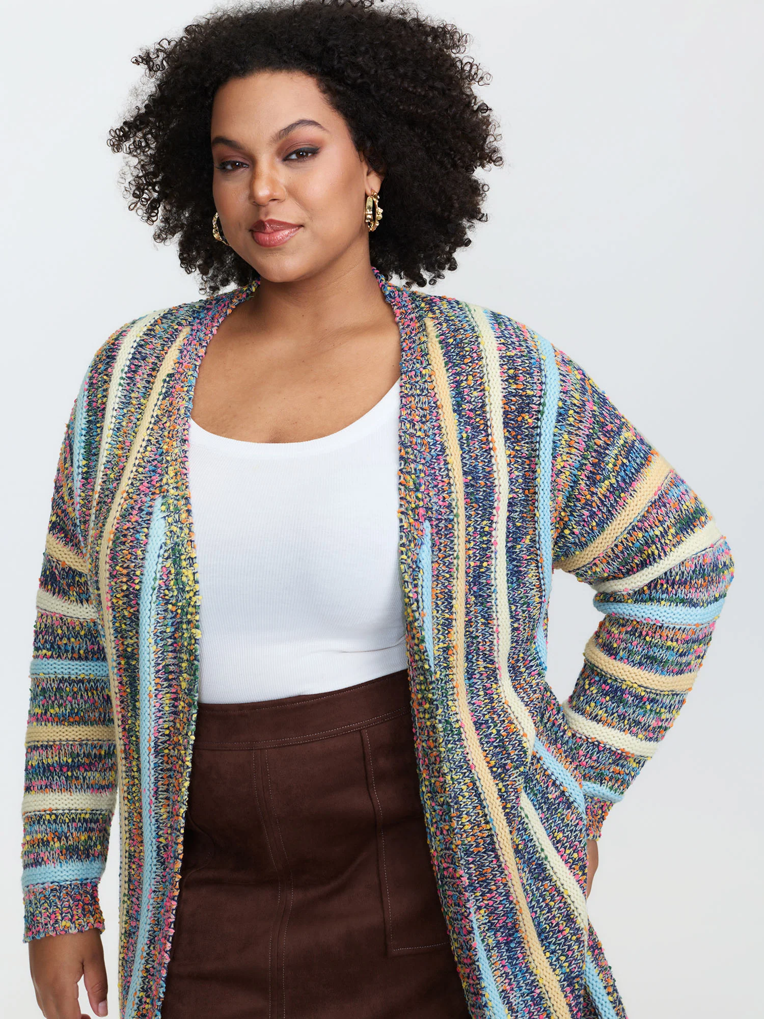 Heather Striped Fringes Open-Front Knit Cardigan - Image 2