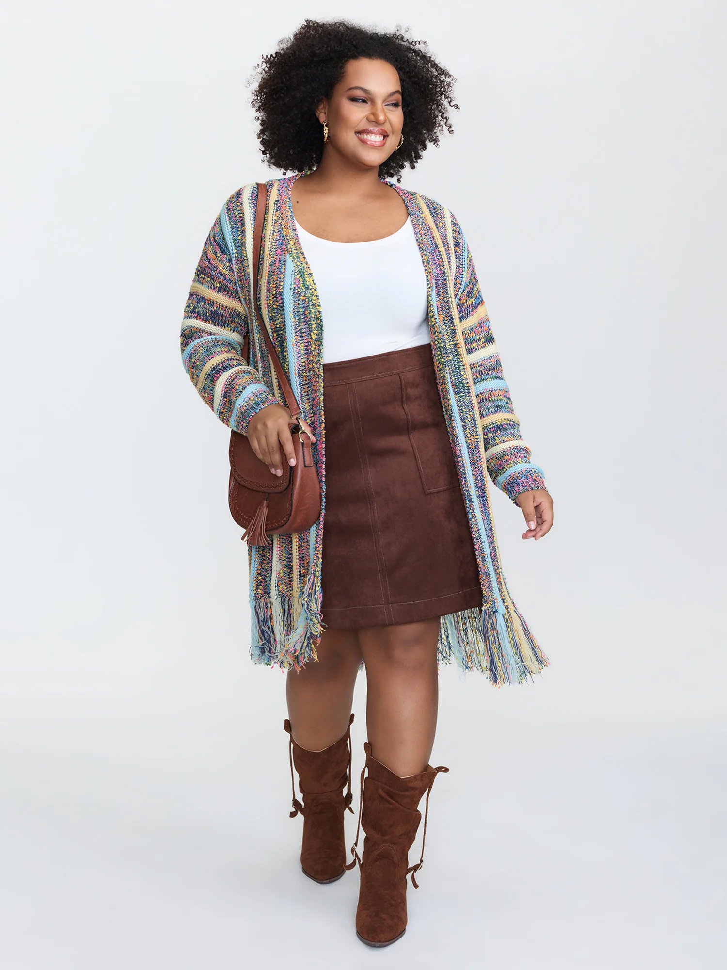 Heather Striped Fringes Open-Front Knit Cardigan - Image 3