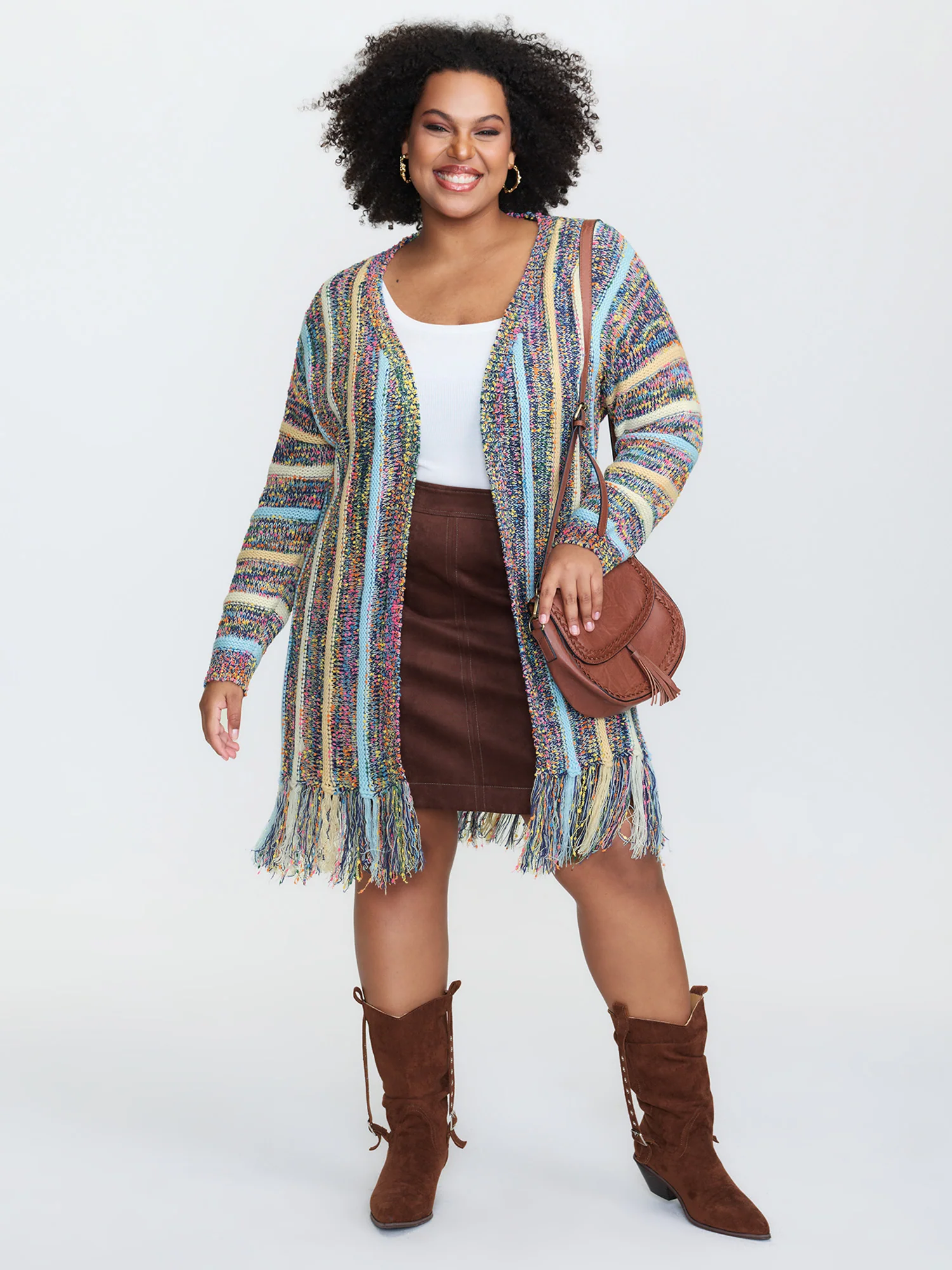 Heather Striped Fringes Open-Front Knit Cardigan - Image 4
