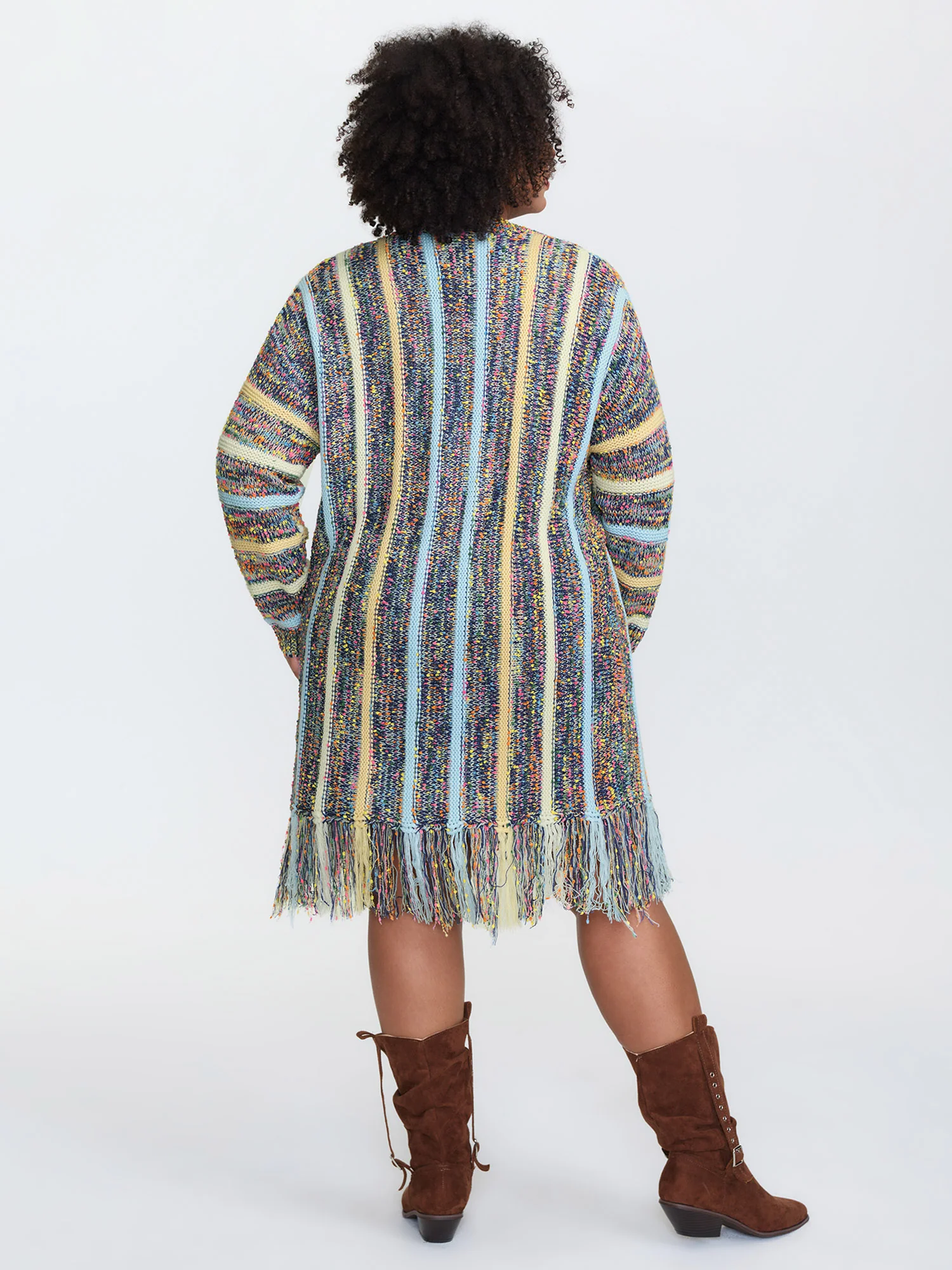 Heather Striped Fringes Open-Front Knit Cardigan - Image 6