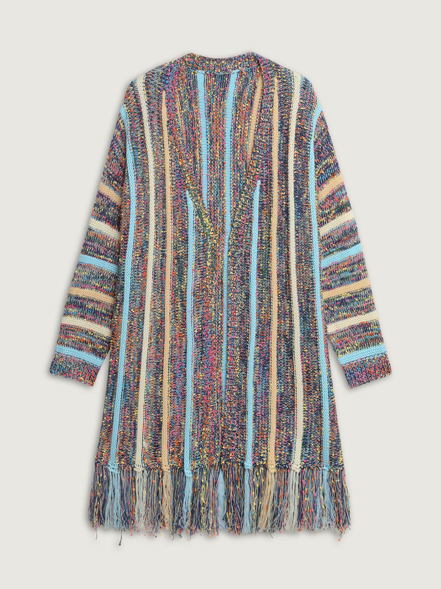 Heather Striped Fringes Open-Front Knit Cardigan - Image 9