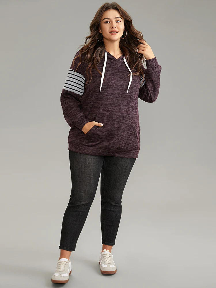 Heather Striped Patchwork Pocket Hooded Sweatshirt - Image 3