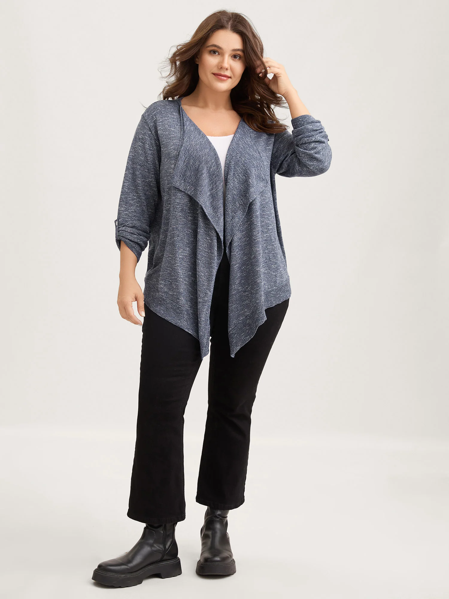 Heather Tab Sleeve Irregular Hem Knit Cardigan - Image 4