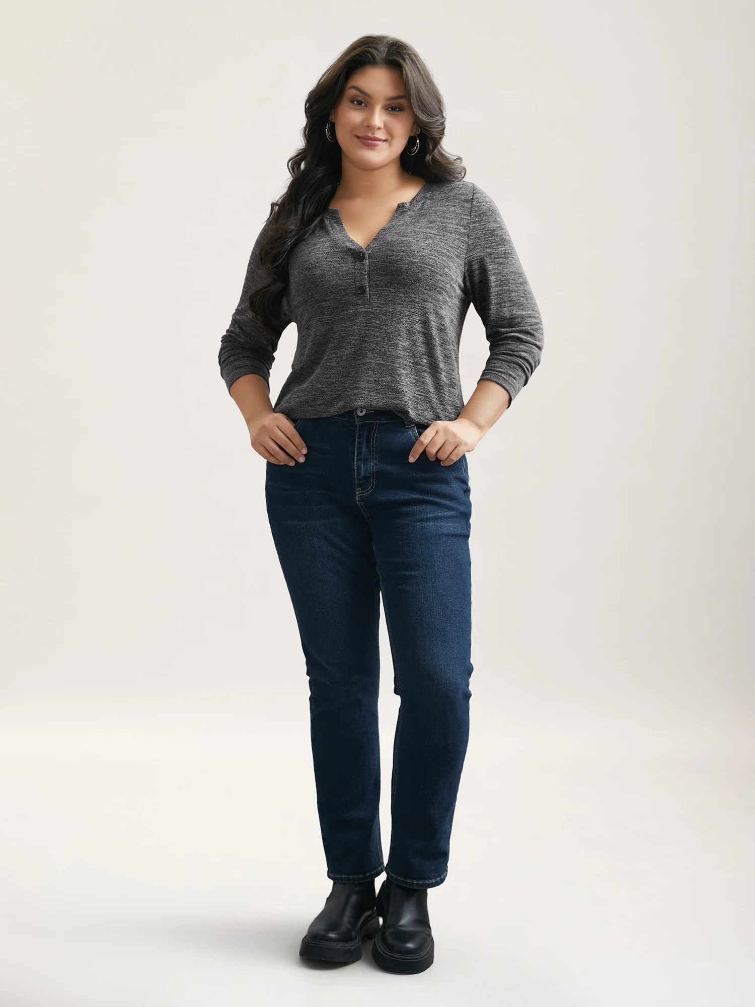 Heather Textured Button-Front Fitted T-Shirt - Image 2