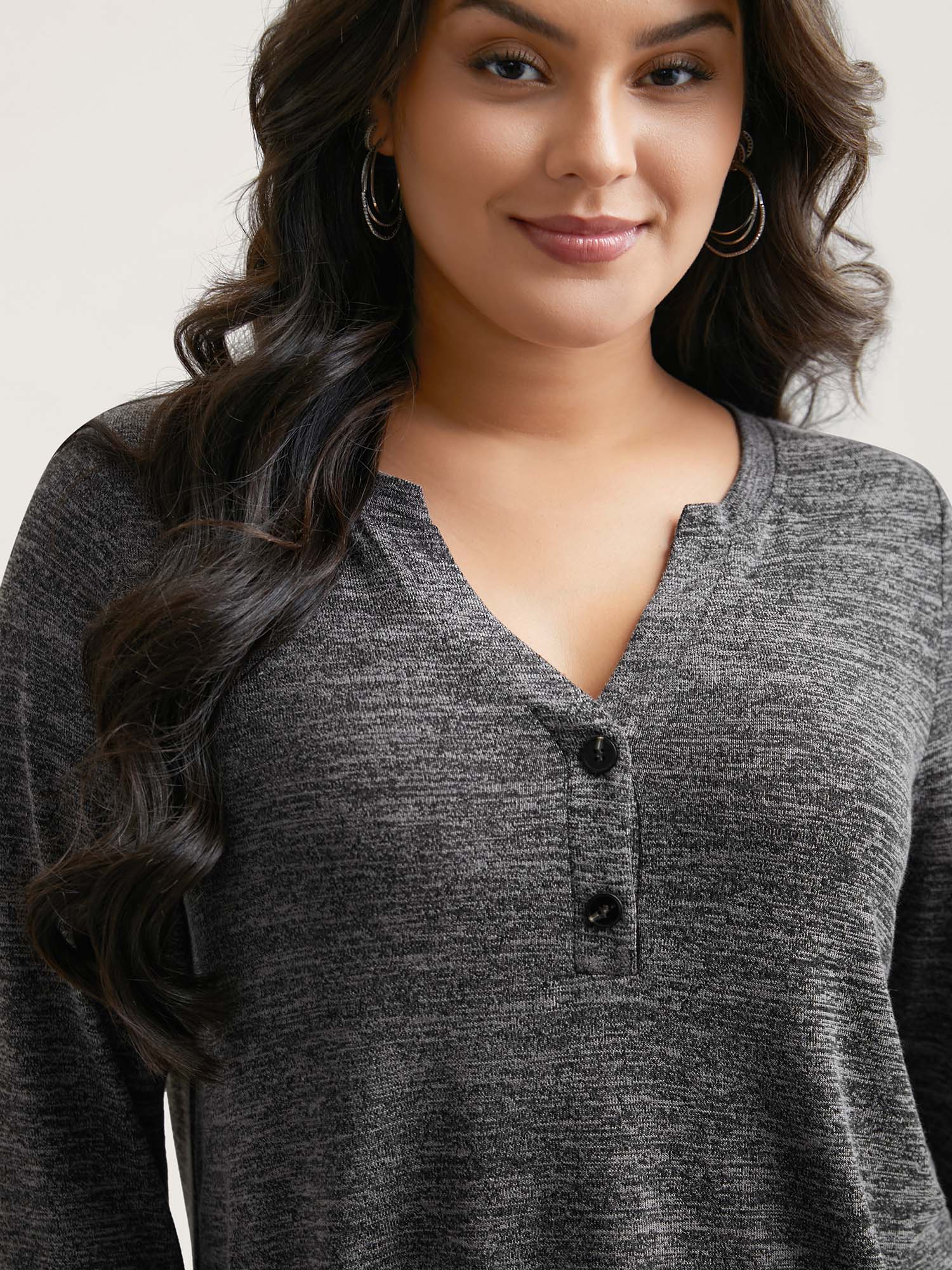 Heather Textured Button-Front Fitted T-Shirt - Image 3