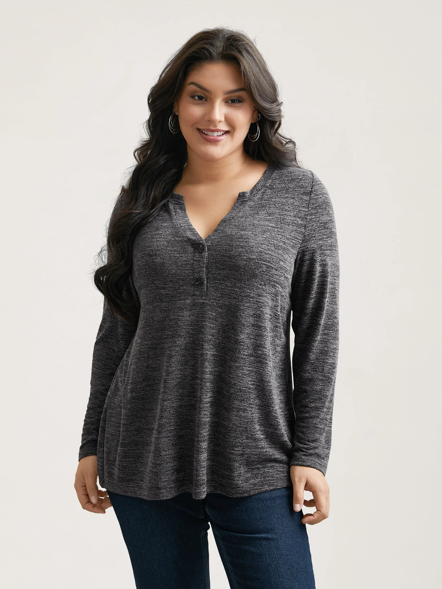 Heather Textured Button-Front Fitted T-Shirt - Image 4