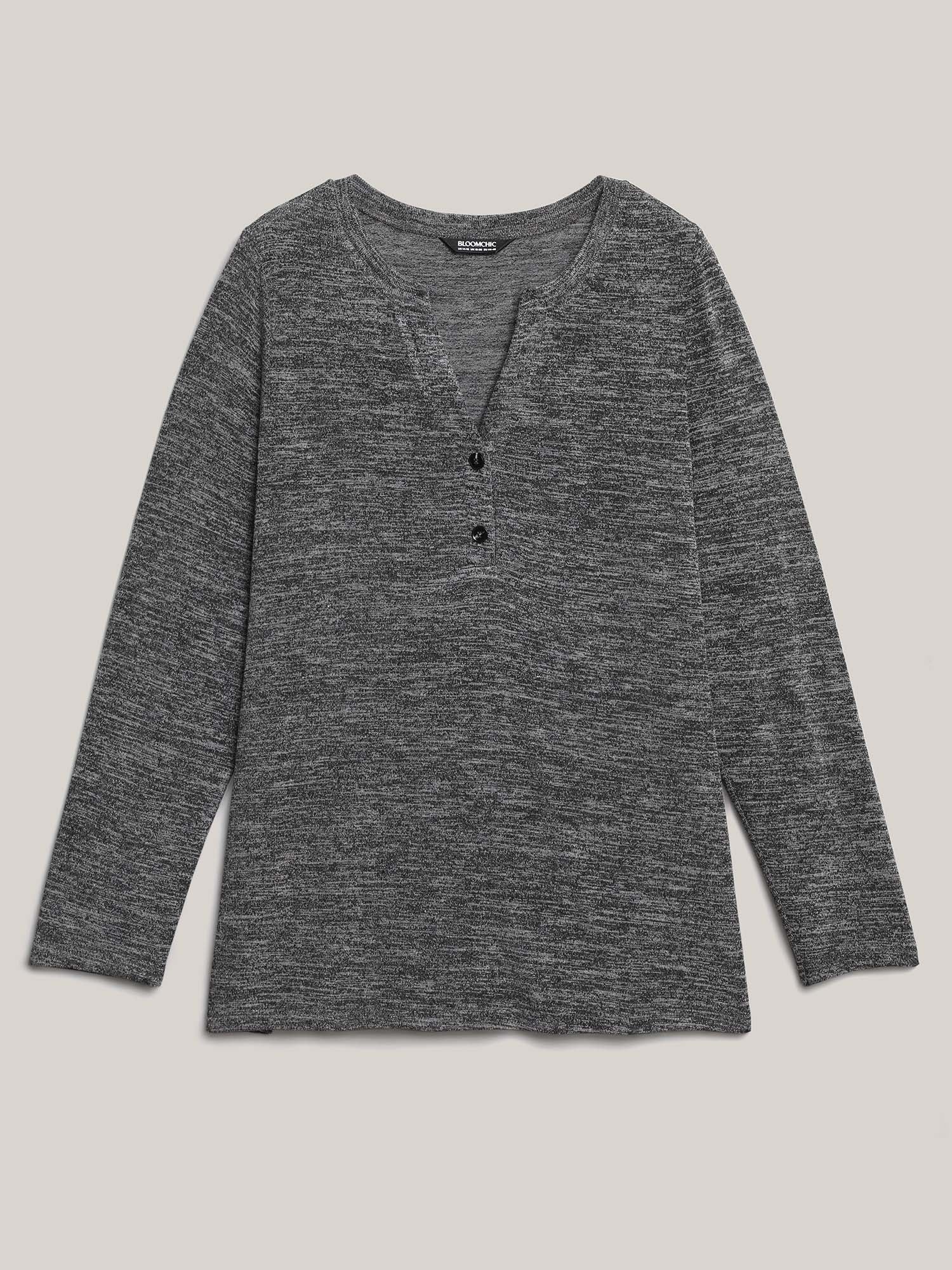 Heather Textured Button-Front Fitted T-Shirt - Image 6