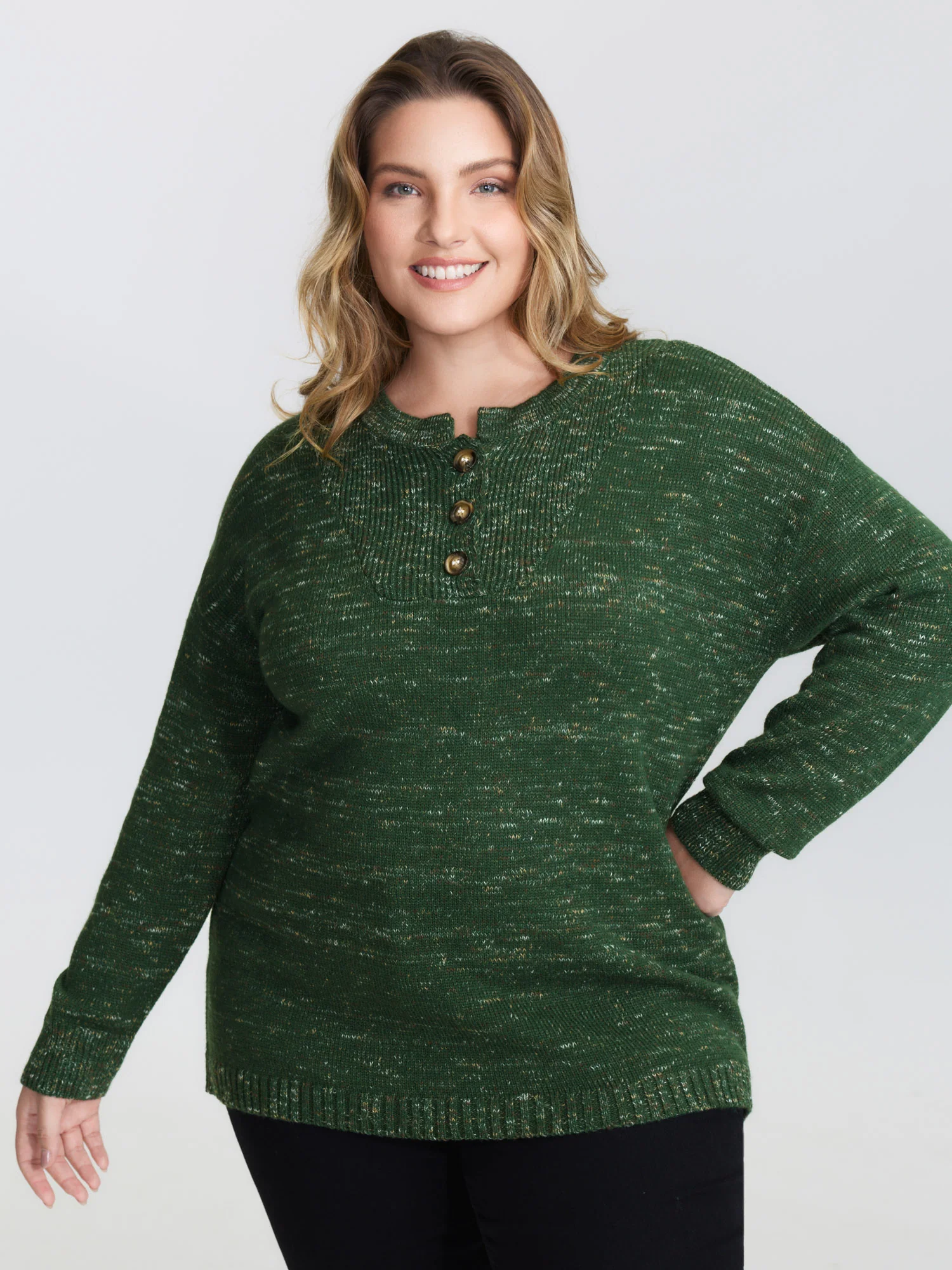 Heather Textured Button Neck Pullover - Image 13
