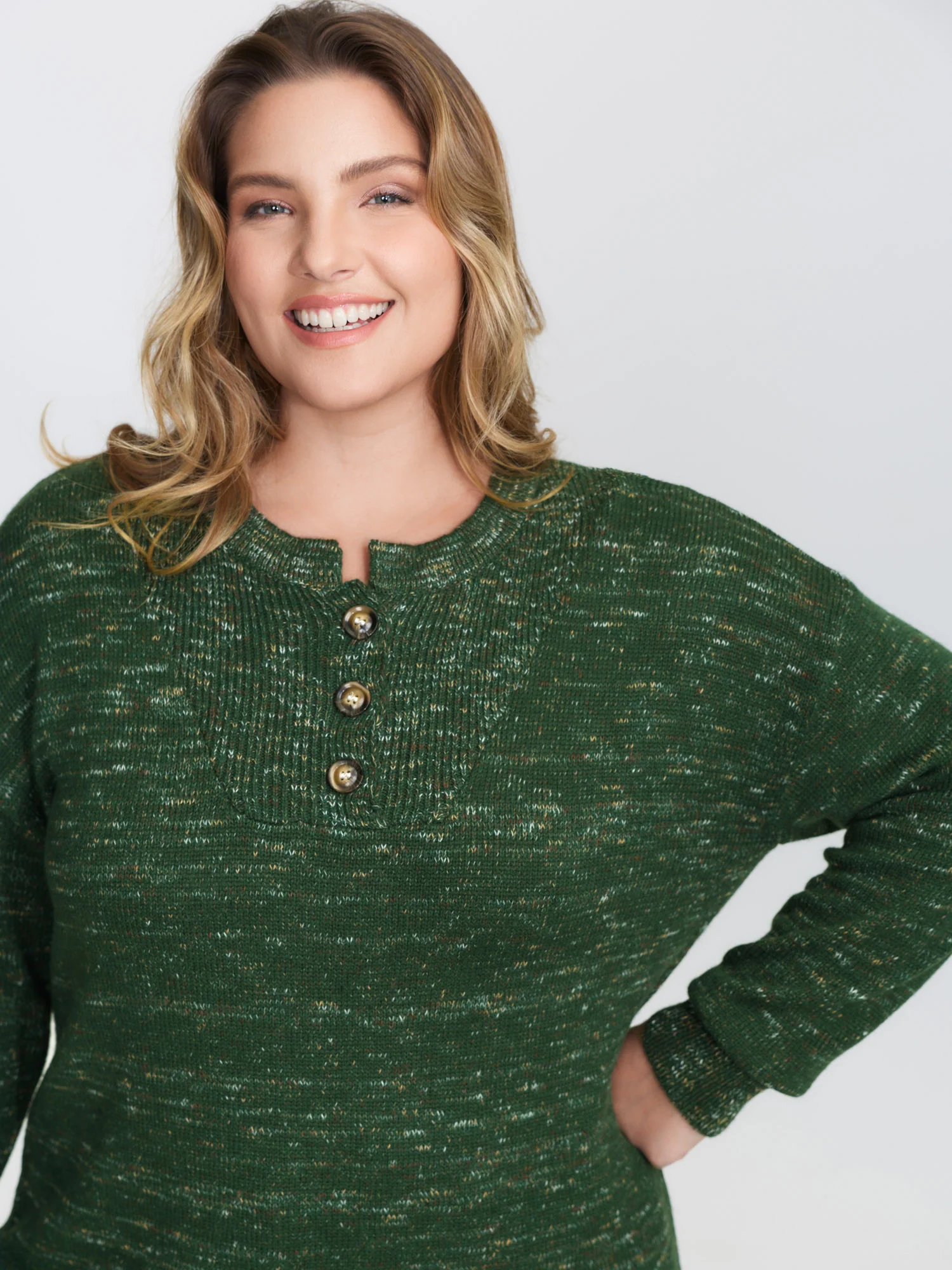 Heather Textured Button Neck Pullover - Image 15