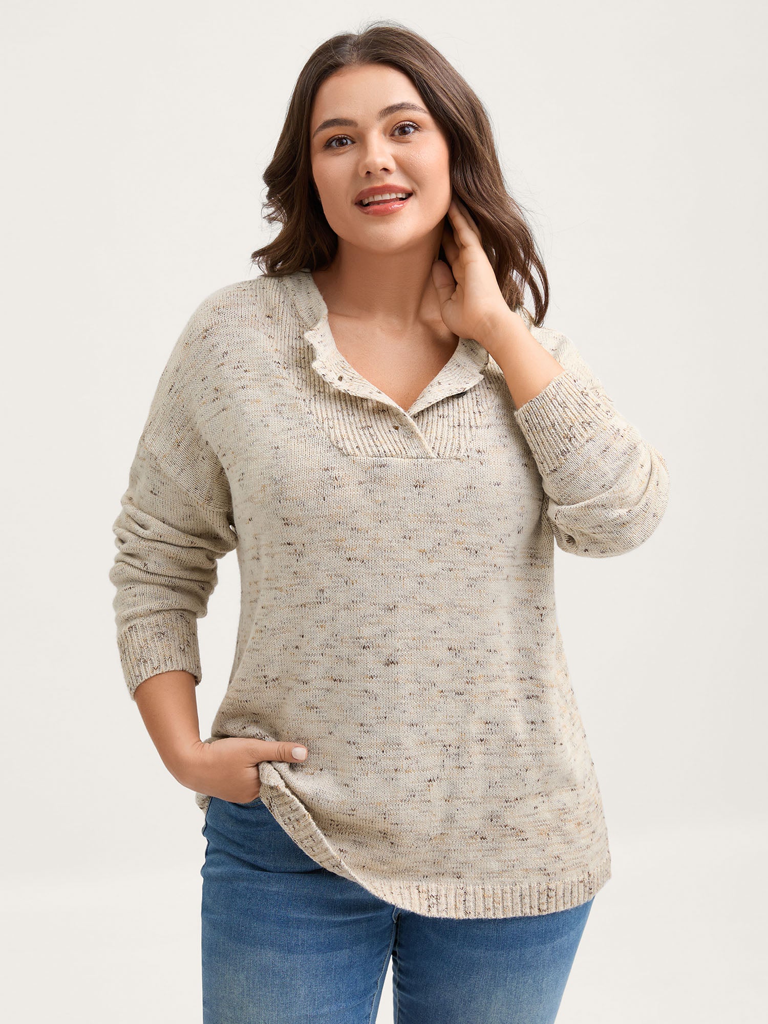 Heather Textured Button Neck Pullover - Image 2