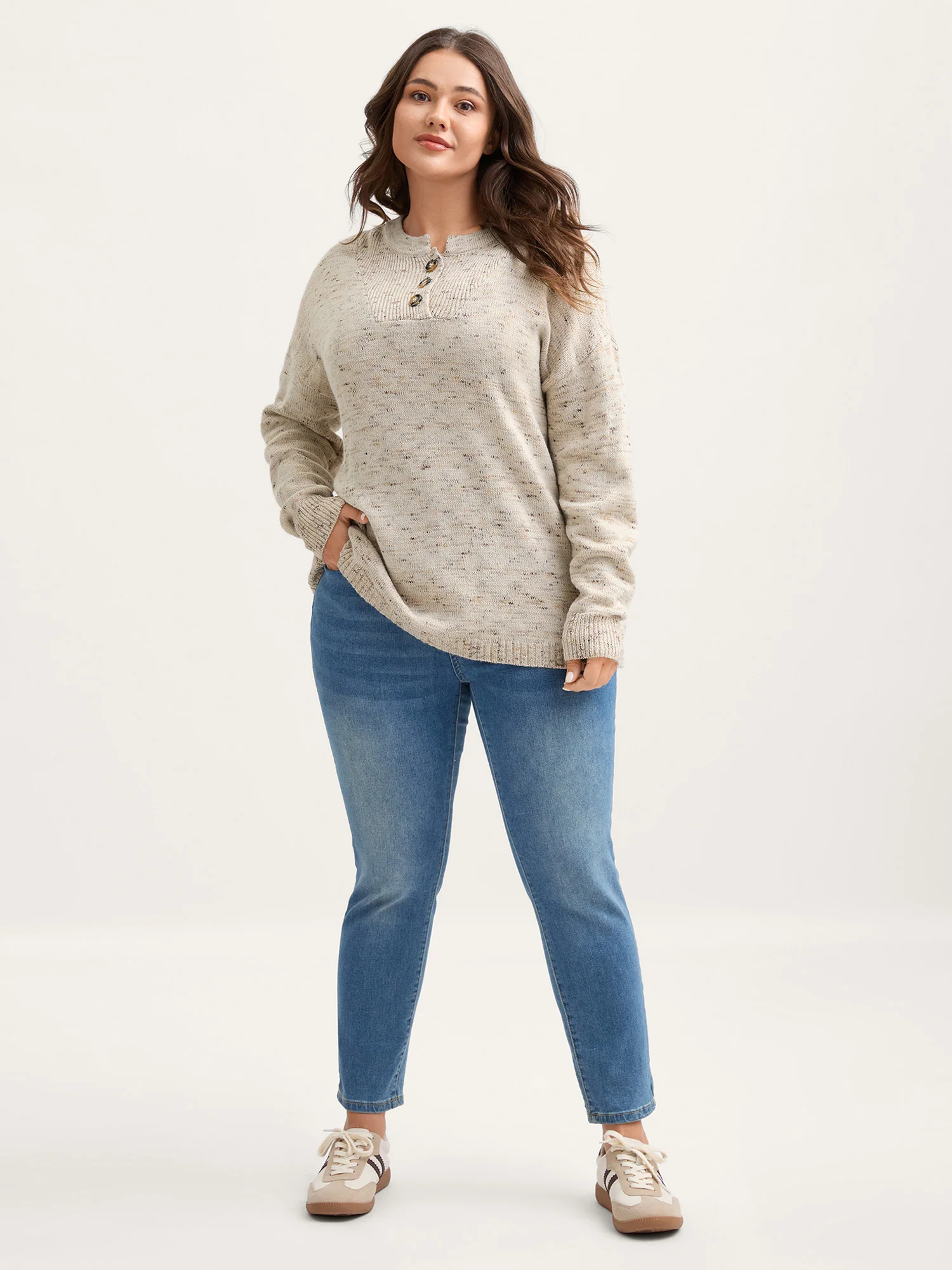 Heather Textured Button Neck Pullover - Image 3