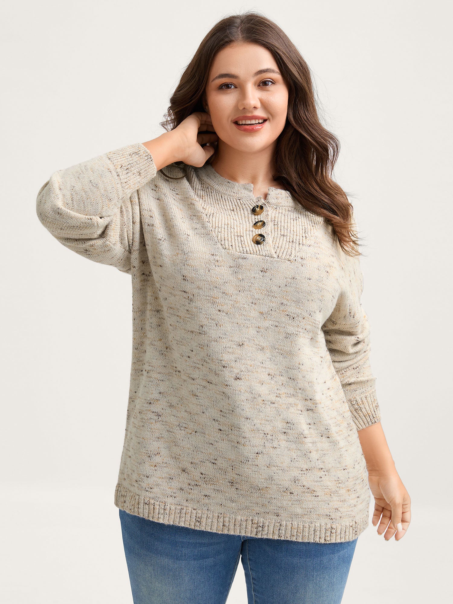 Heather Textured Button Neck Pullover - Image 4