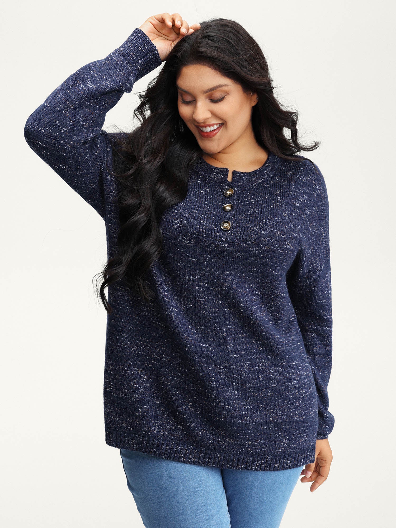 Heather Textured Button Neck Pullover - Image 9