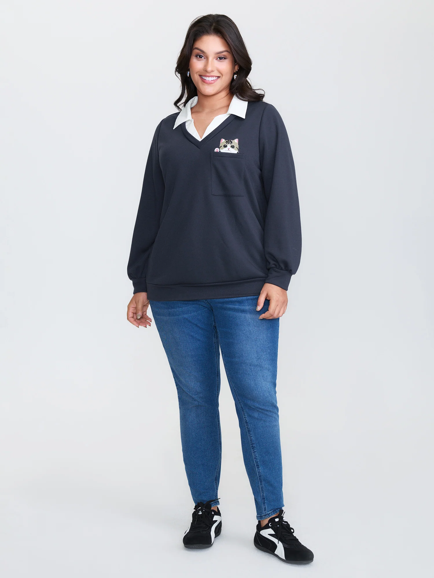 Hello Cat Stretchy Layered Twofer Sweatshirt - Image 3