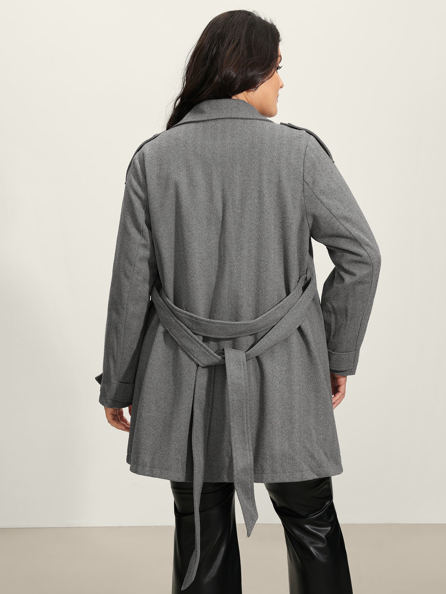 Herringbone Button Belted Lined Coat - Image 5