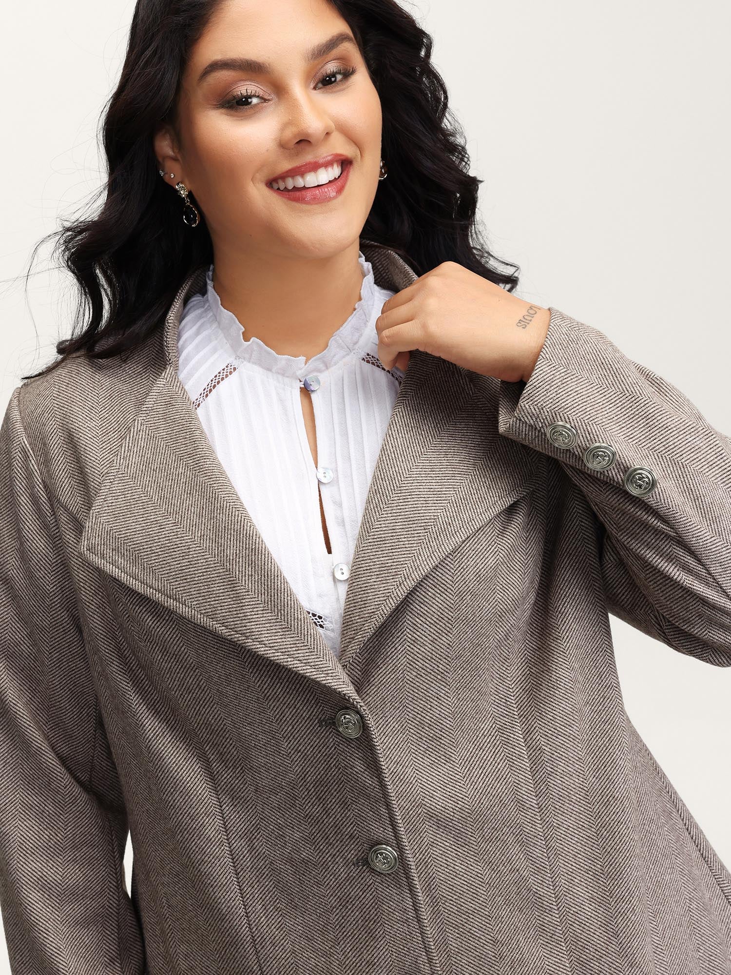 Herringbone Pattern Cinched-Waist Jacket - Image 2