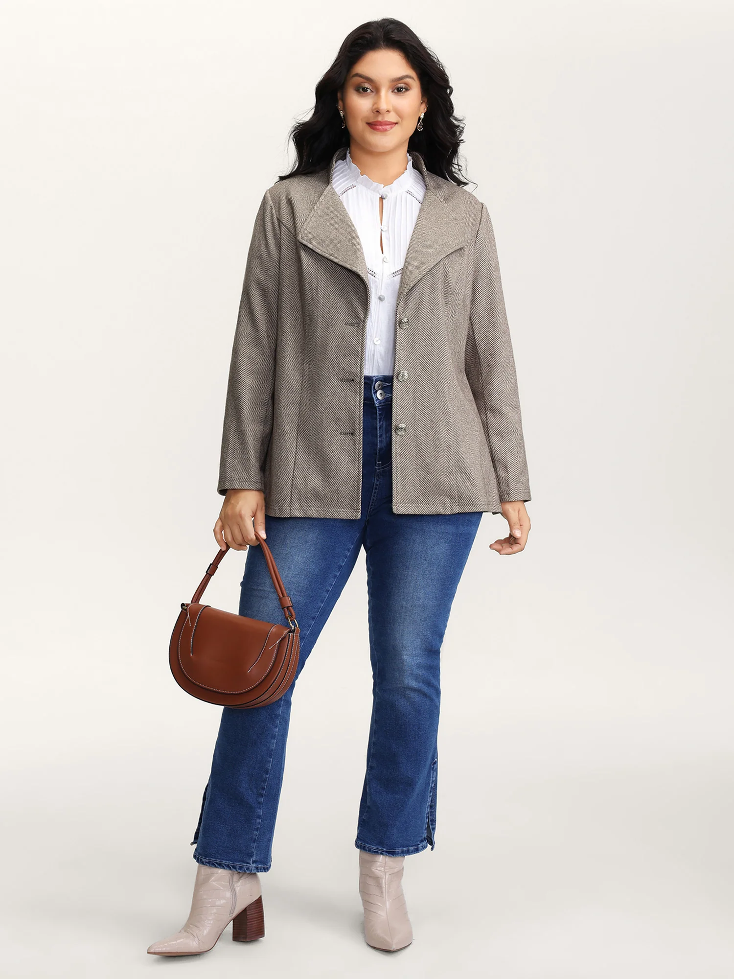 Herringbone Pattern Cinched-Waist Jacket - Image 3