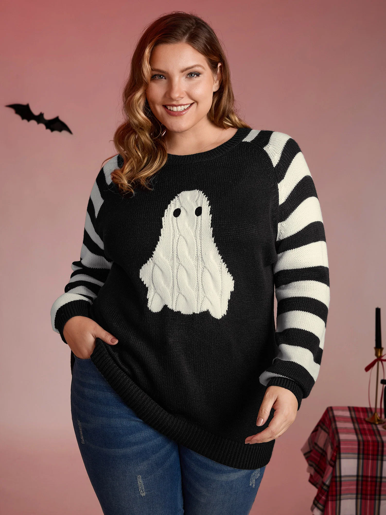 Hey Ghost Raglan Stripe Sleeve Pullover