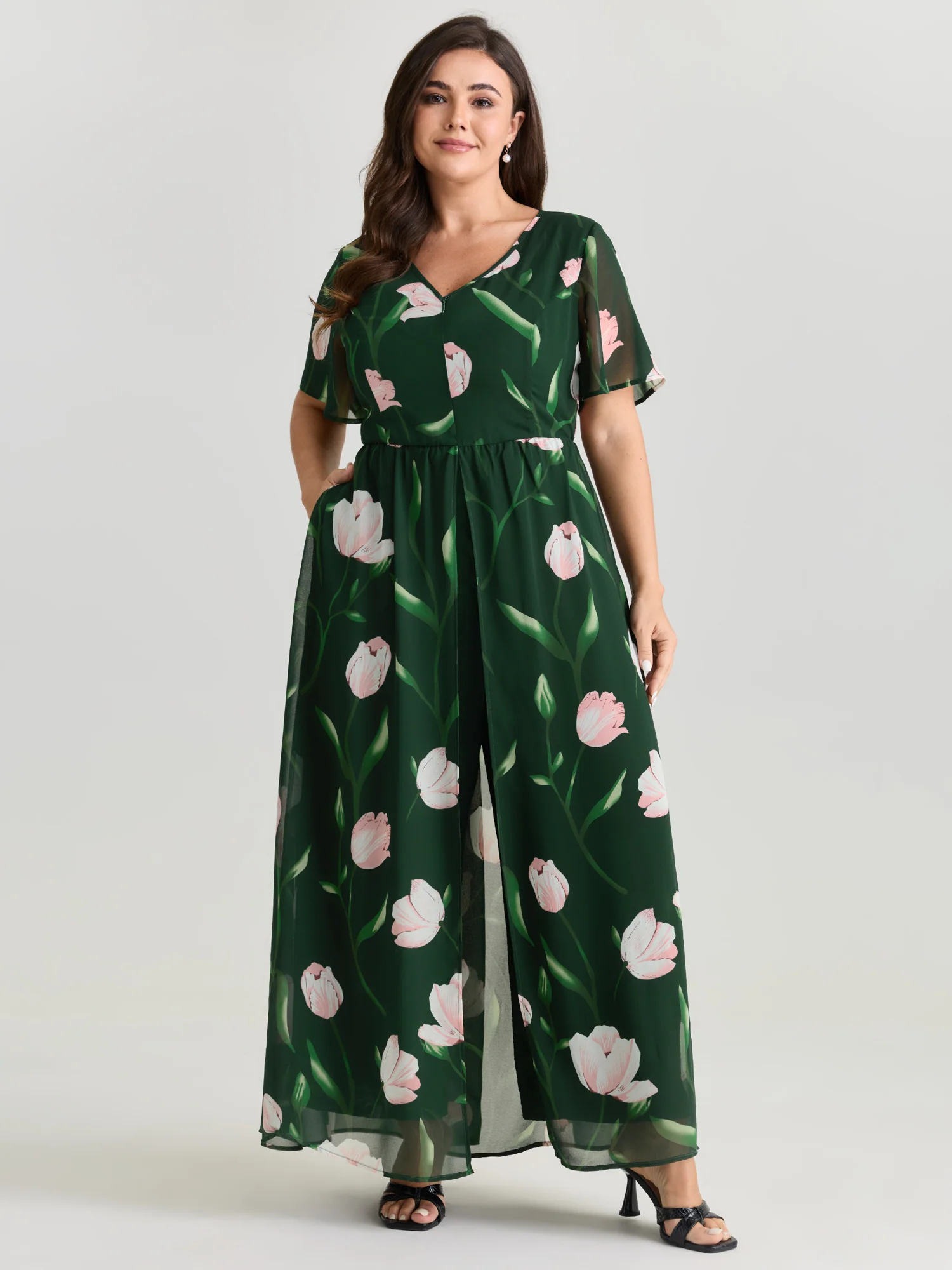 Hidden Zipper Floral Layered Pockets Jumpsuit - Image 10
